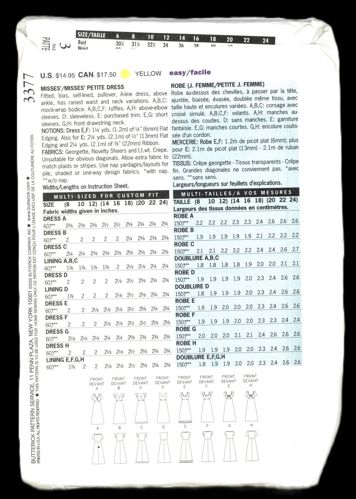 Butterick 3377 Misses / Misses Petite Dress Sewing Pattern UNCUT Size 8 10 12