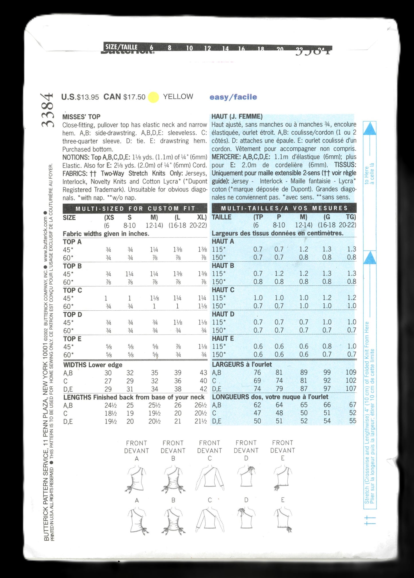 Butterick 3384 Misses Top Sewing Pattern UNCUT  Size XS S M