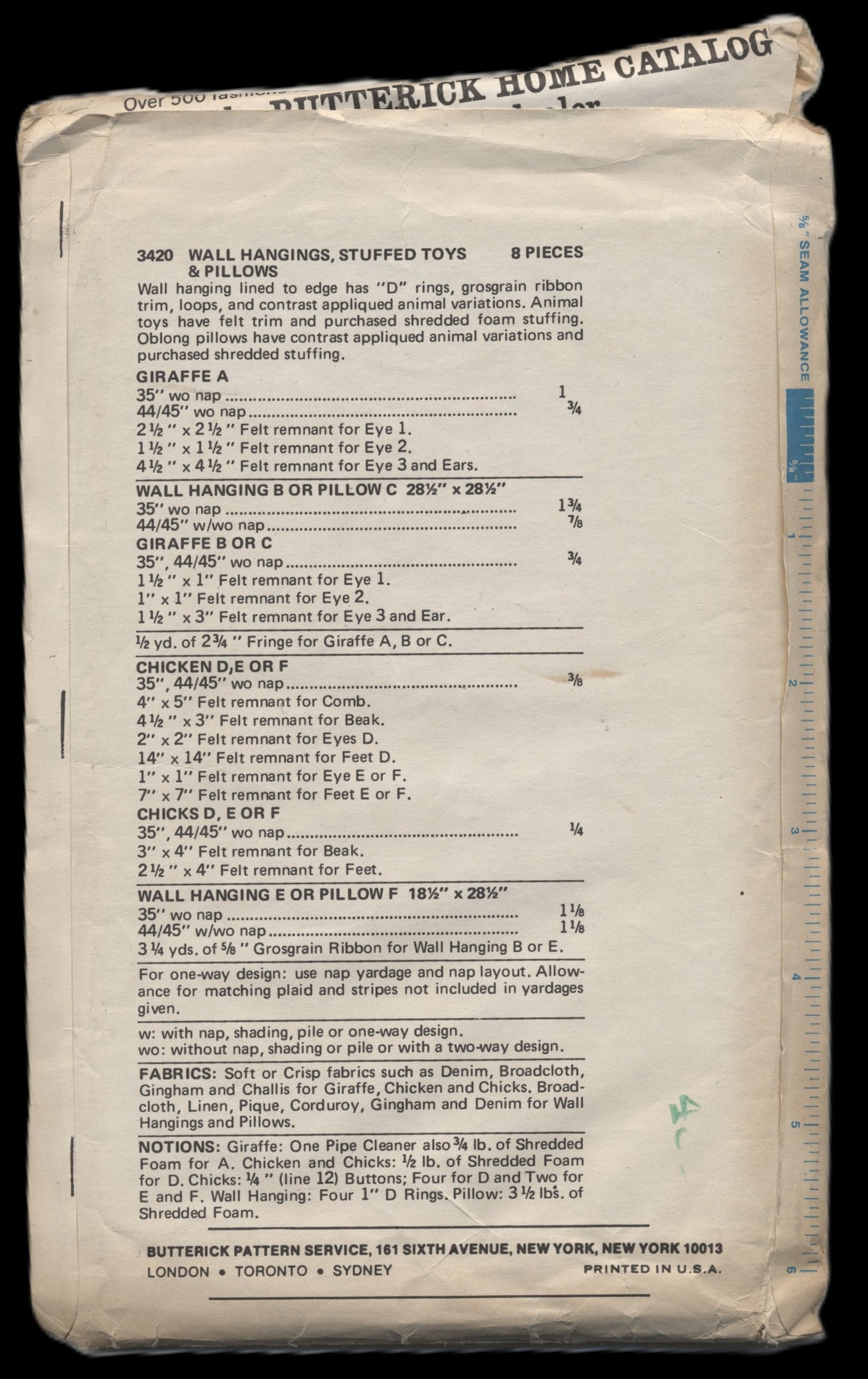 Butterick 3420 Wall Hangings, Stuffed Toys & Pillows Sewing Pattern UNCUT