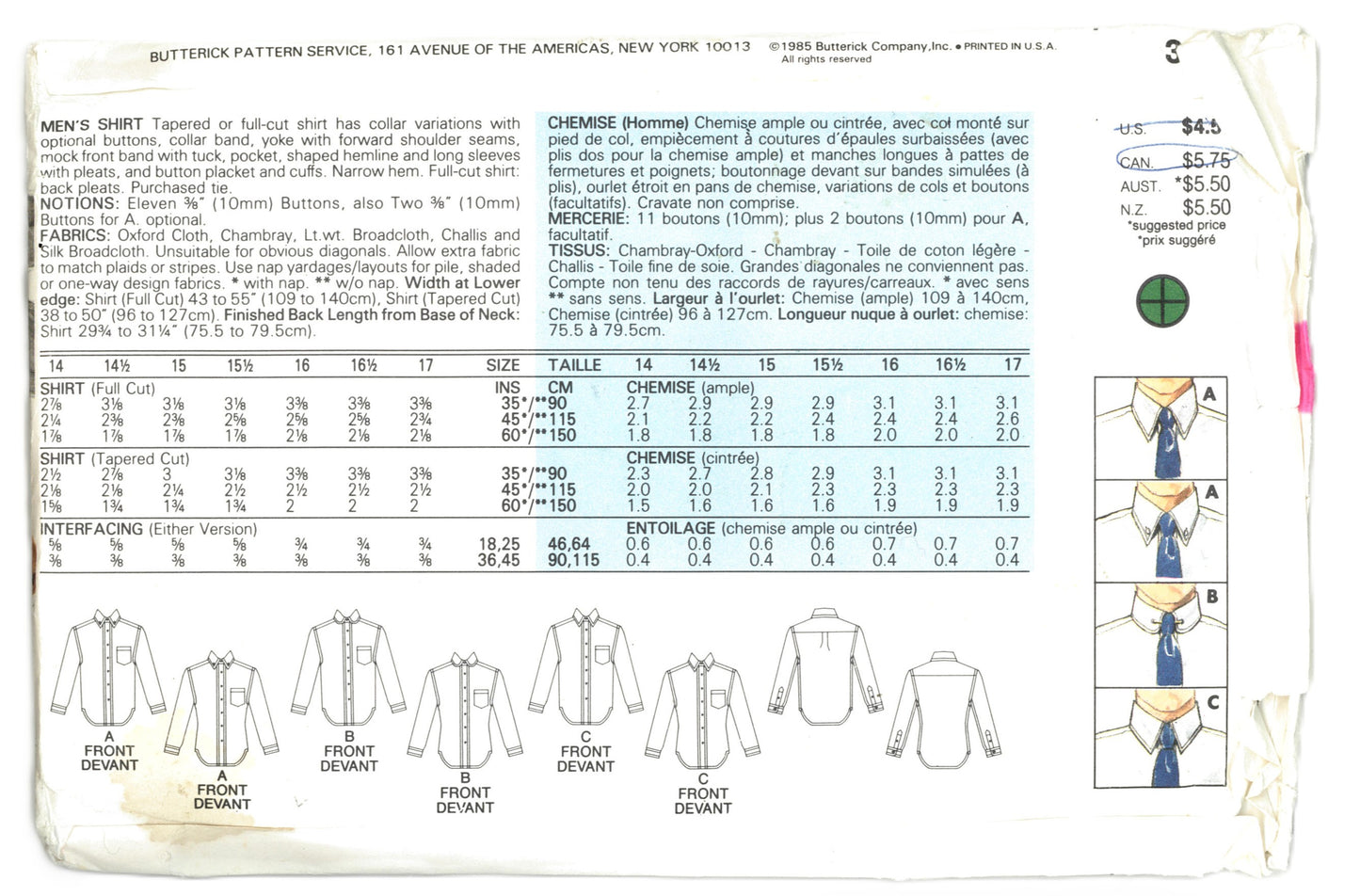 BUtterick 3445 Mens Shirt Sewing Pattern UNCUT - Size 14 1/2