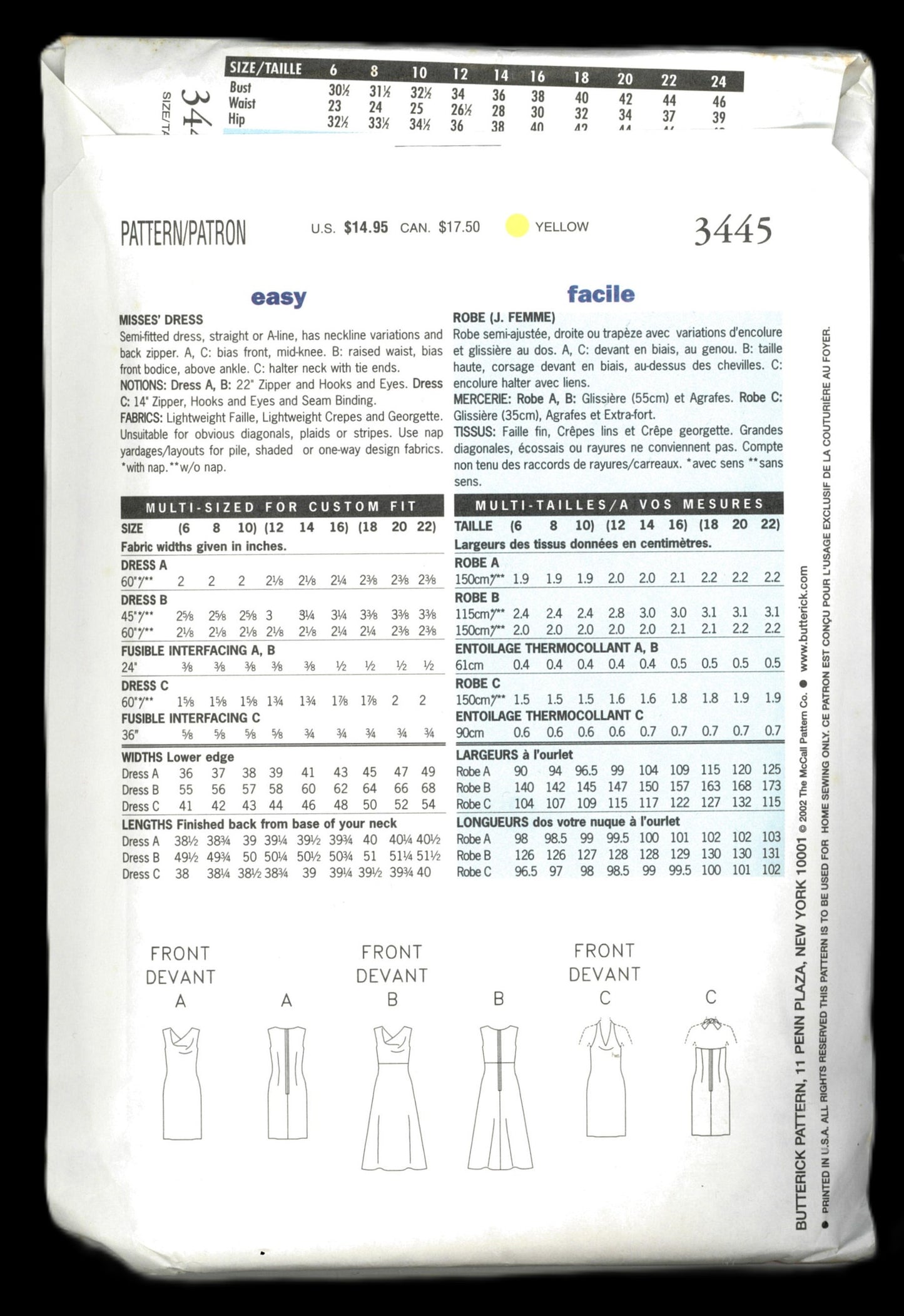 Butterick 3445 Misses Dress Sewing Pattern UNCUT Size 12 14 16