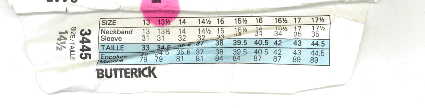 BUtterick 3445 Mens Shirt Sewing Pattern UNCUT - Size 14 1/2