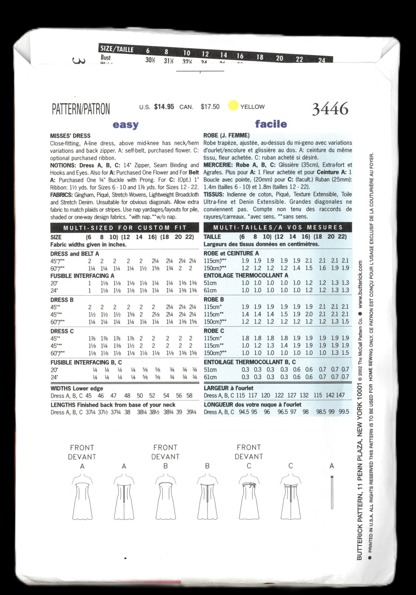 Butterick 3446 Misses Dress Sewing Pattern UNCUT Size 12 14 16