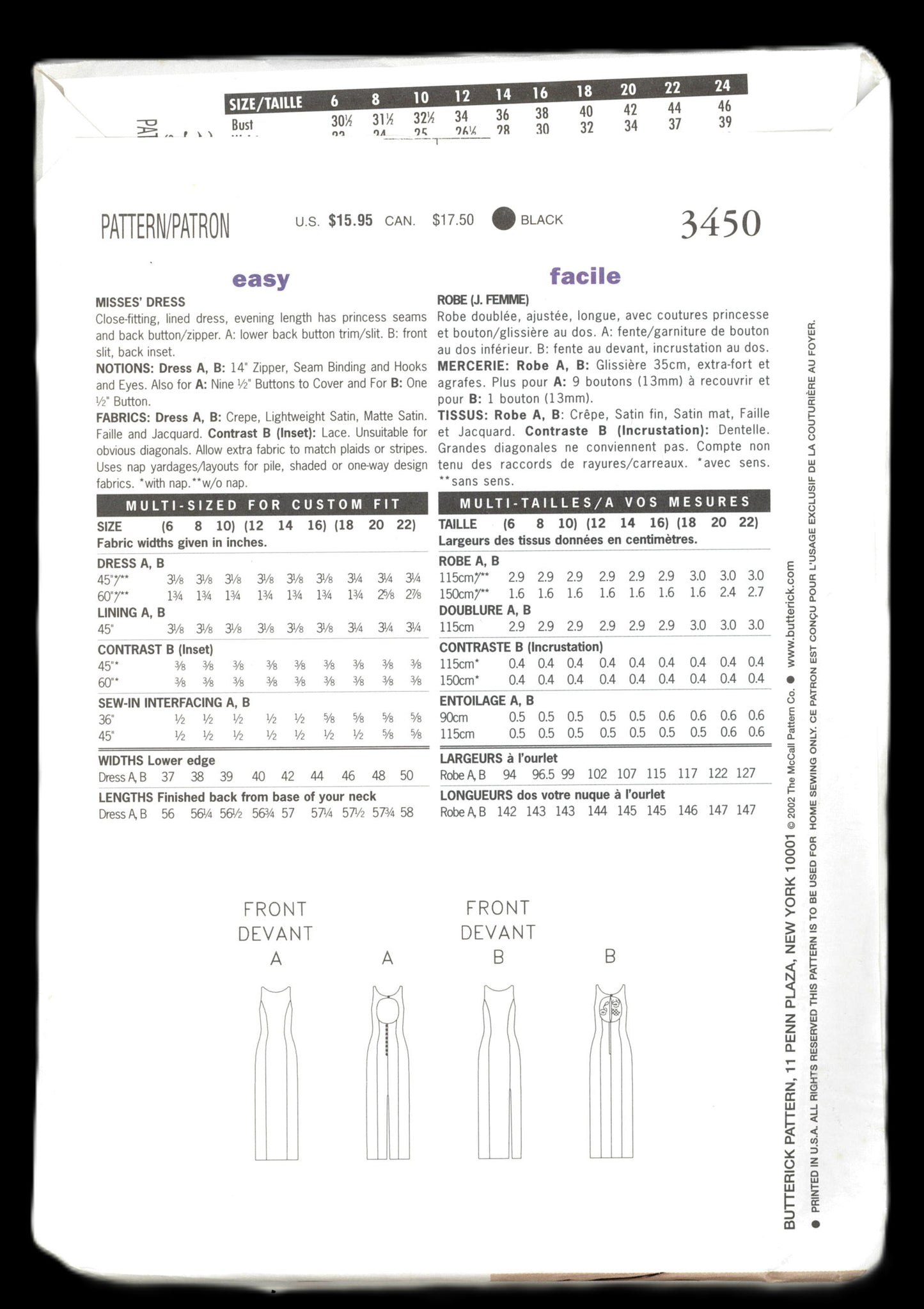 Butterick 3450 Misses Dress Sewing Pattern UNCUT Size 12 14 16