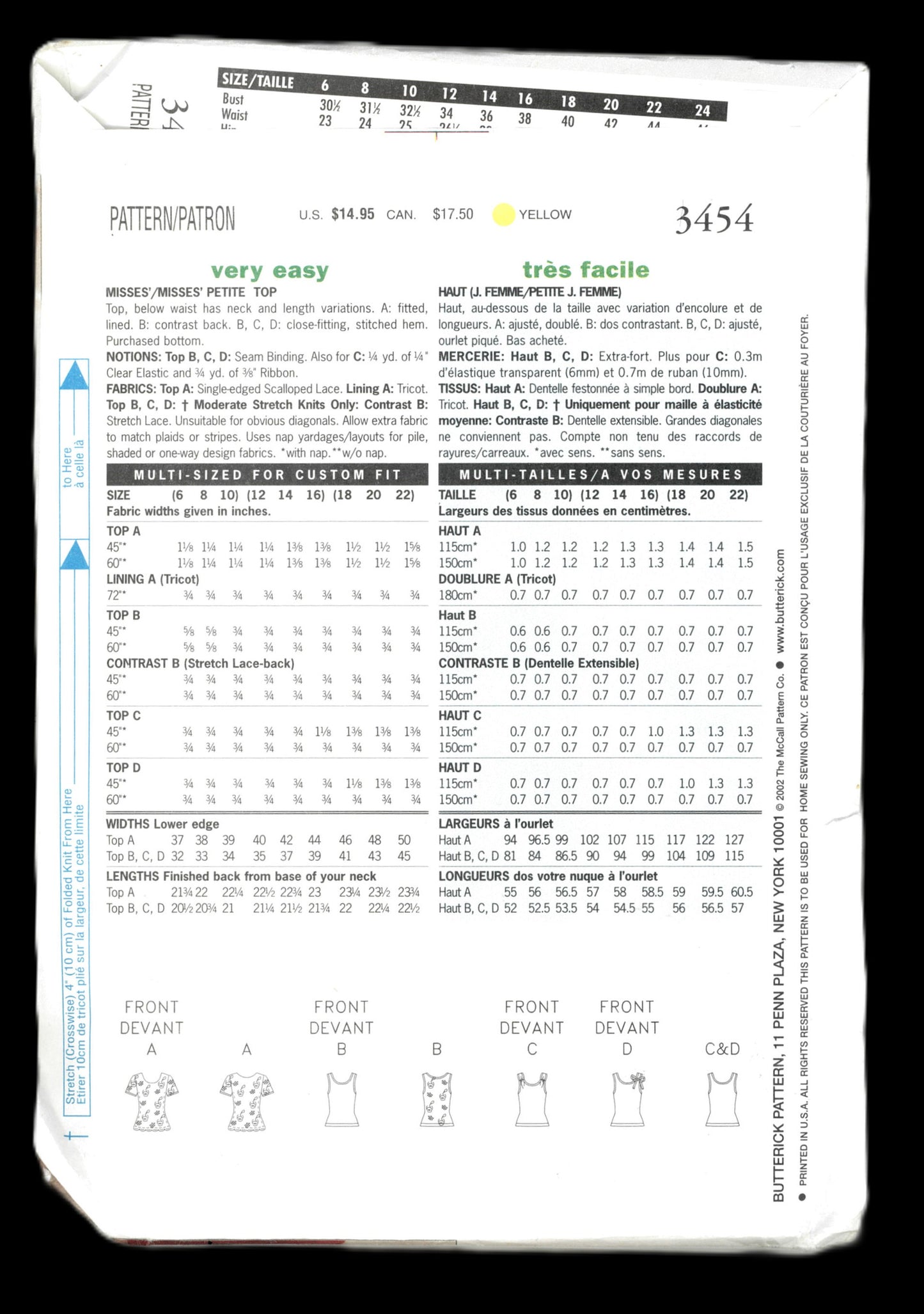 Butterick 3454 Misses / Misses Petite Top Sewing Pattern UNCUT  Size 12 14 16