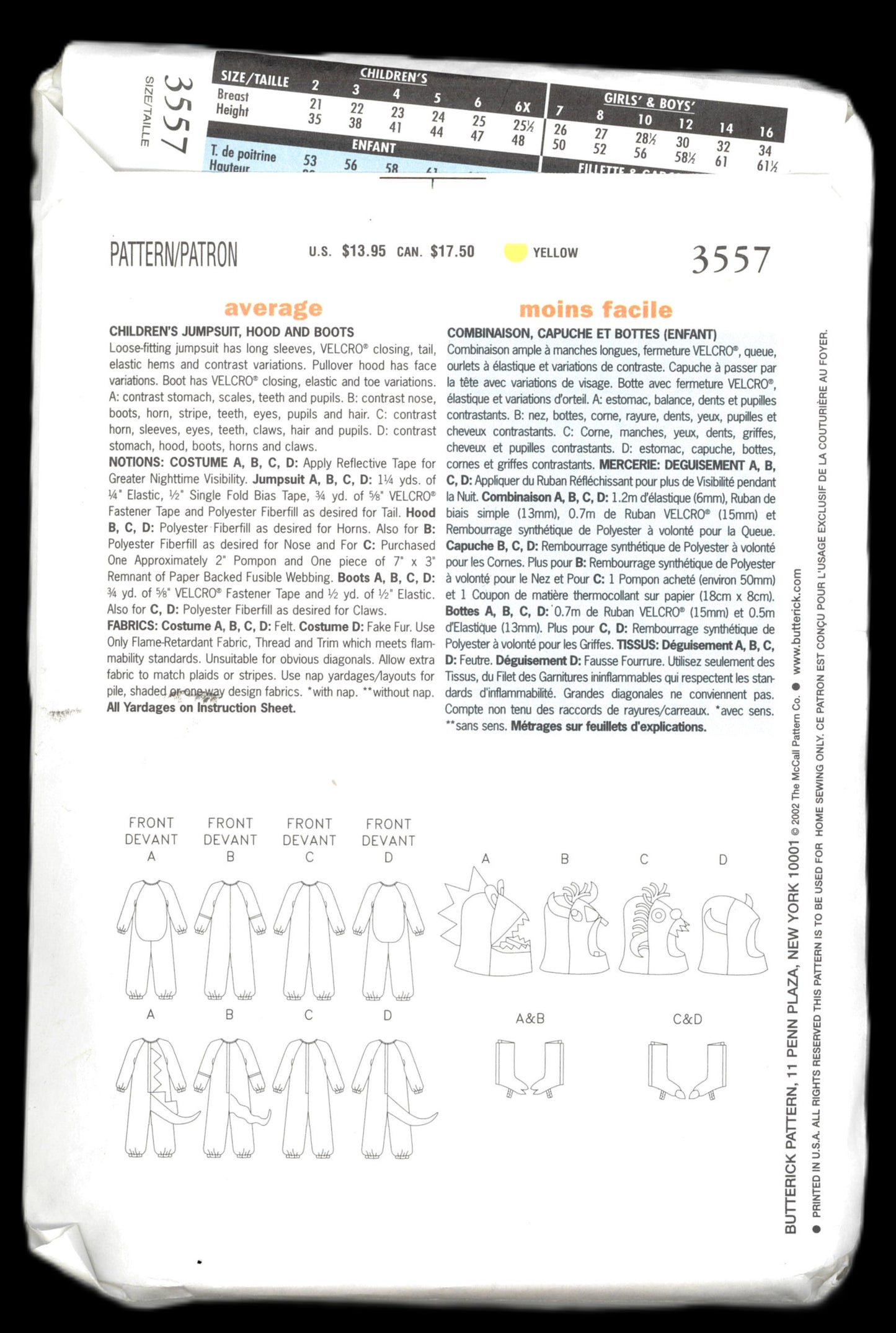 Butterick 3557 Childrens Dragon and Monsters Jumpsuit Hood and Boots Costumes Sewing Pattern - UNCUT - Size 2 3 4