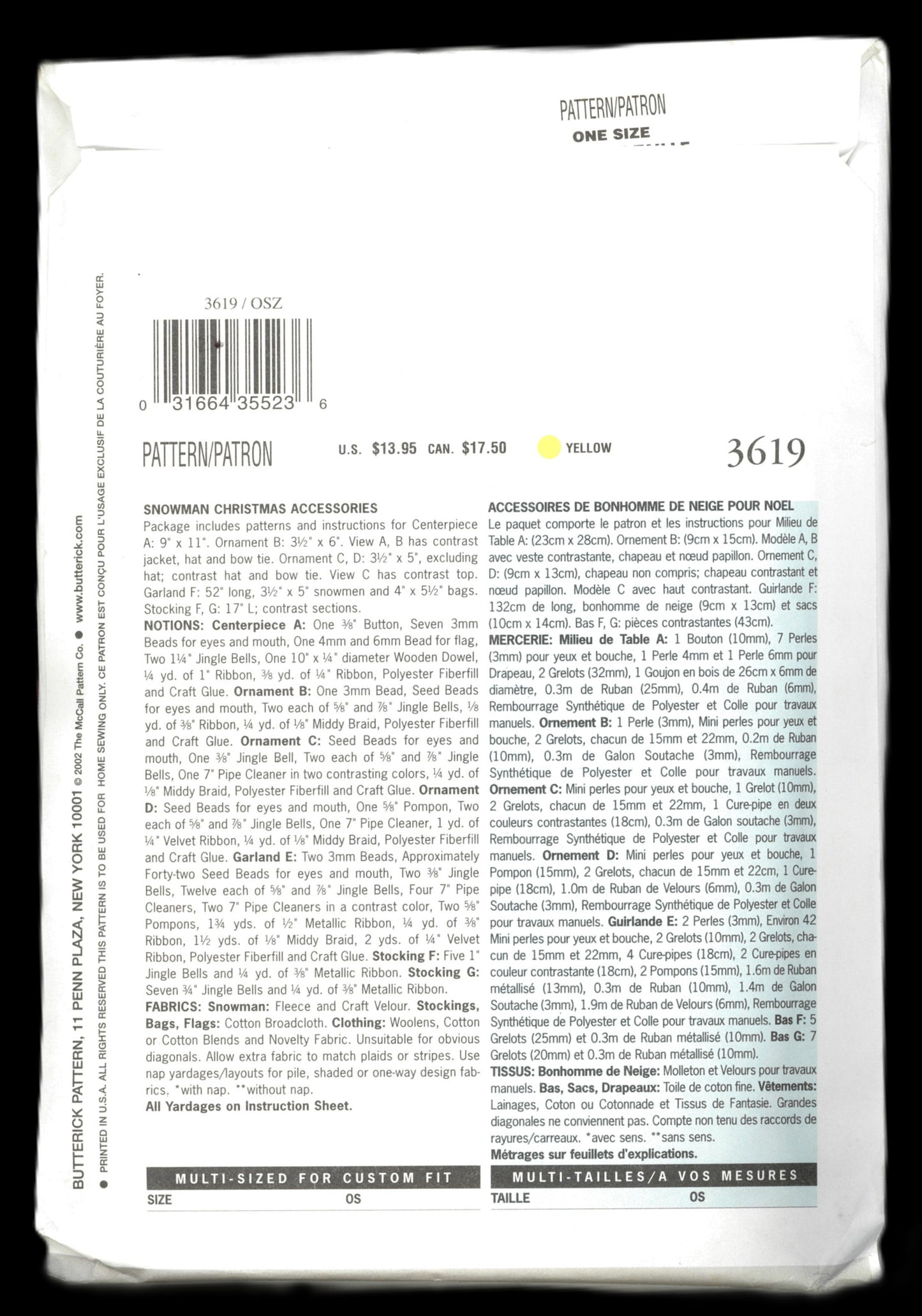 Butterick 3619 Snowman Christmas Accessories Sewing Pattern - UNCUT