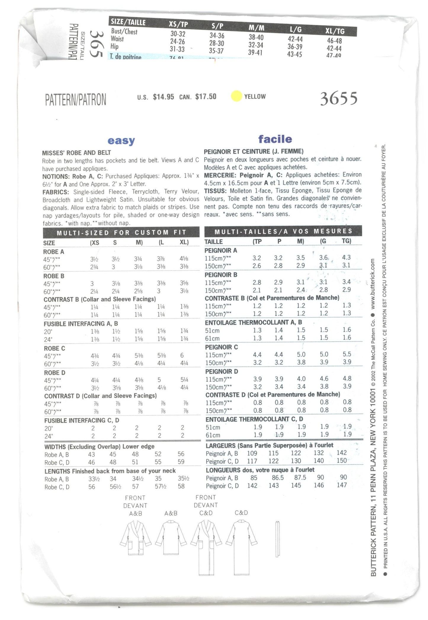 Butterick 3655 Misses Shawl Collar Robe & Pants Sewing Pattern - UNCUT - Size XS S M