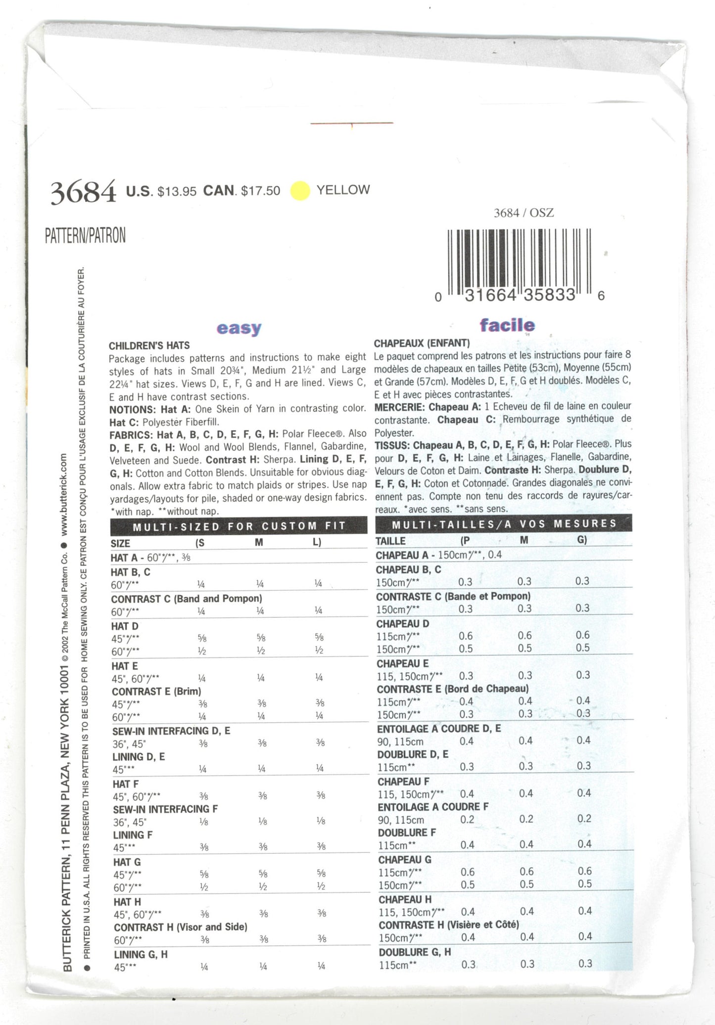 Butterick 3684 Childrens Fleece Hats Sewing Pattern - UNCUT - Hat Size S M L