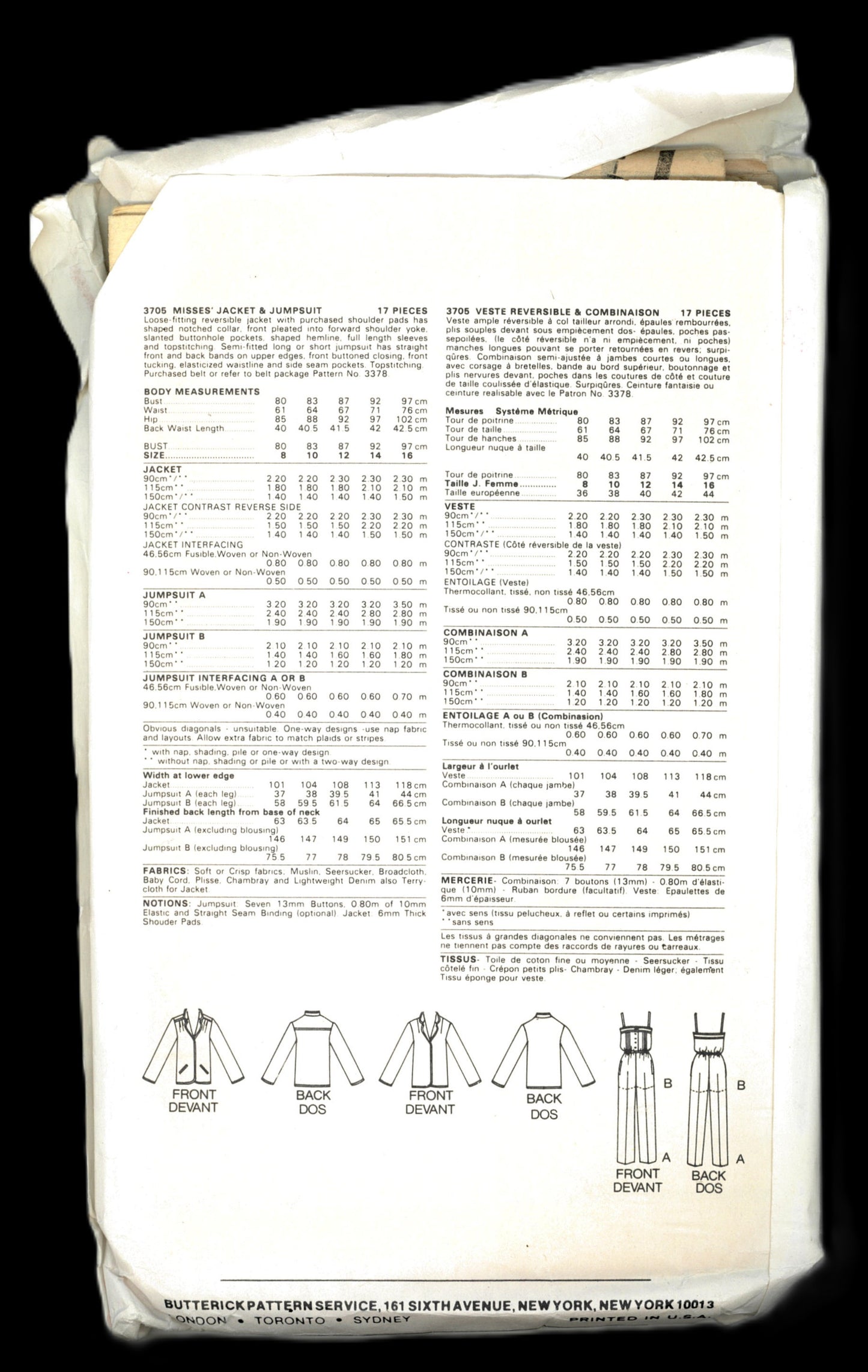 80s Butterick 3705 Misses Jacket and Jumpsuit Sewing Pattern - UNCUT - Size 10