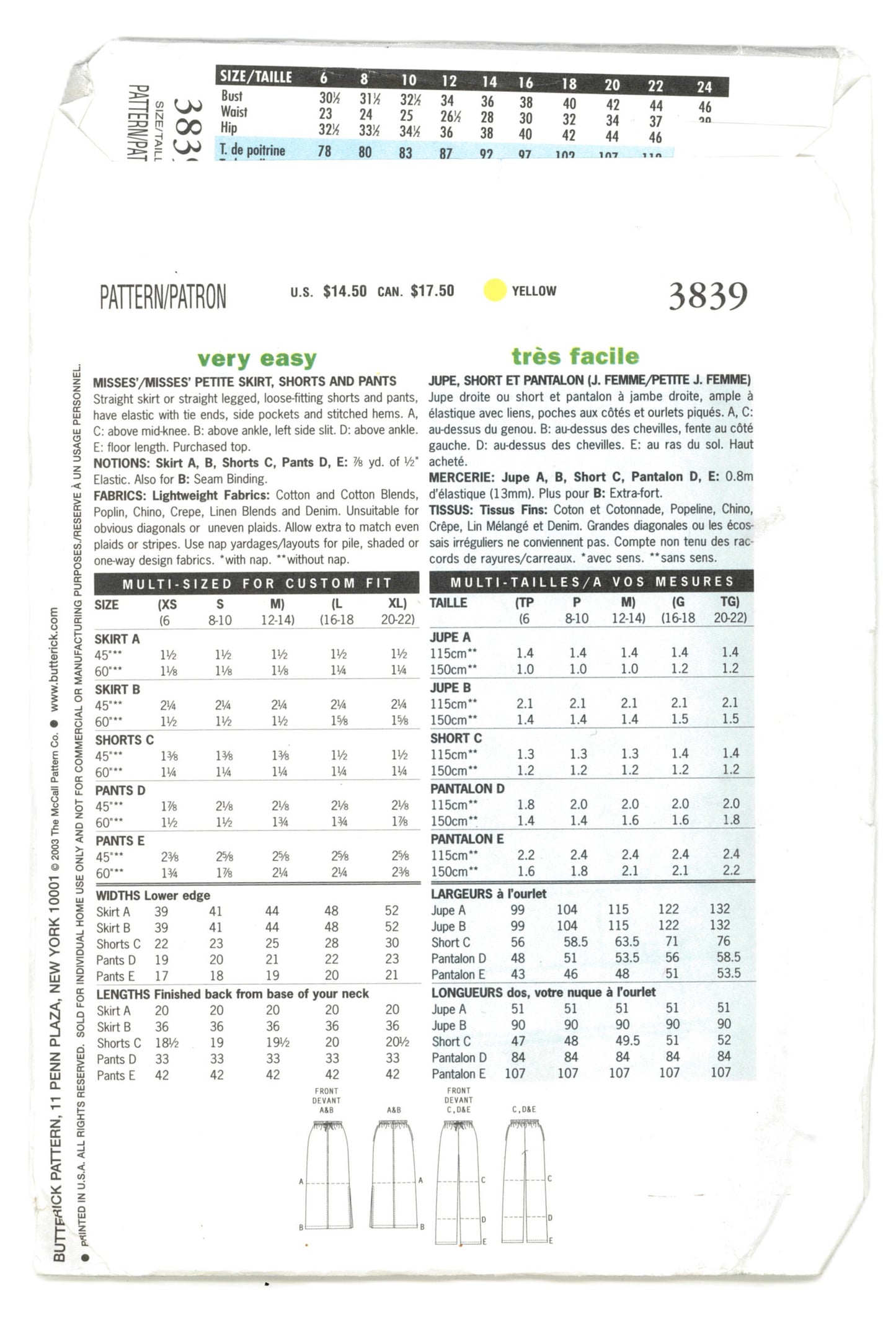 Butterick 3839 Misses . Miss Petite Skirt Shorts and Pants Sewing Pattern - UNCUT - Size L,XL