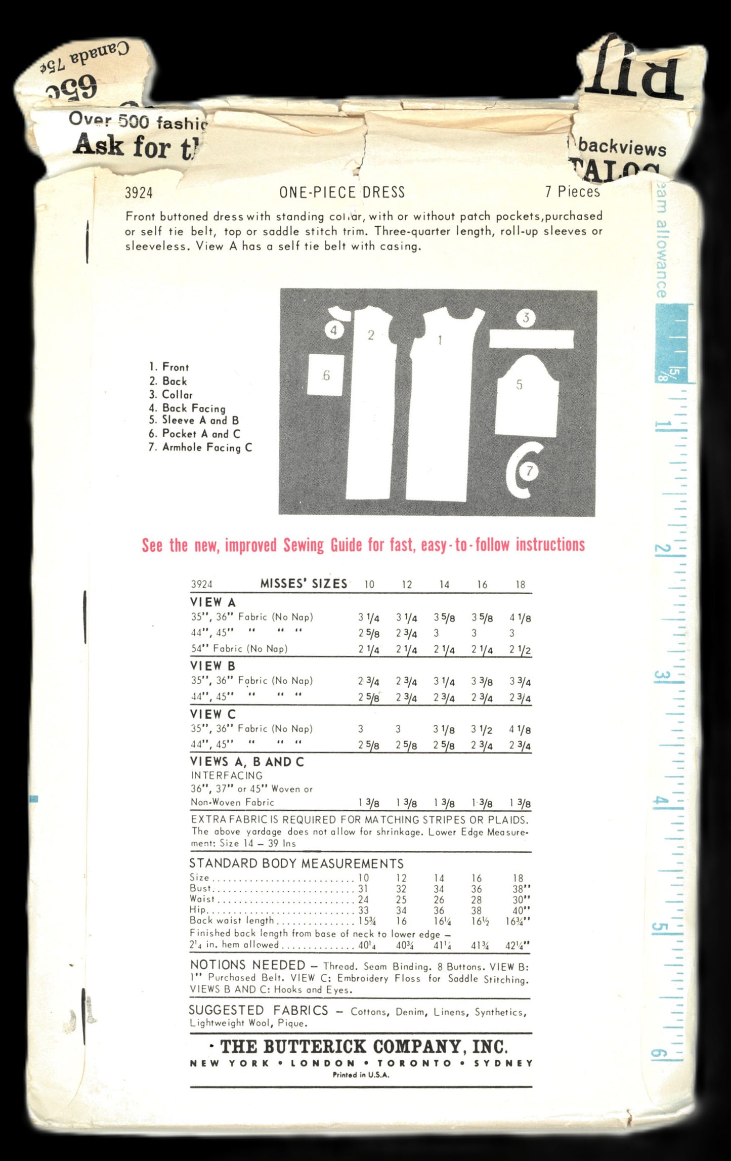 60s Butterick 3924 Misses One Piece Dress Sewing Pattern - UNCUT - Size 16 Bust 36