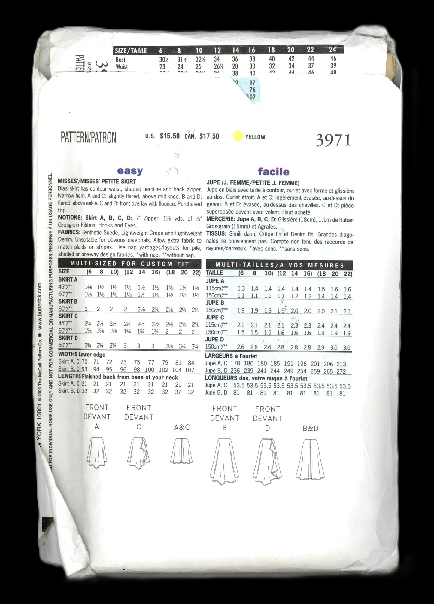 Butterick 3971 Misses / Misses Petite Skirt Sewing Pattern UNCUT Size 6 8 10