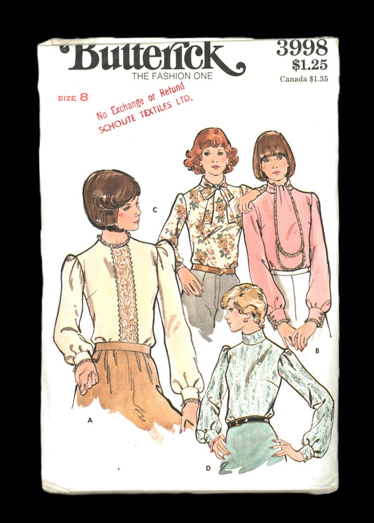 70s Butterick 3998 Misses Blouse  Sewing Pattern UNCUT  Size 8 Size 12 Size 14