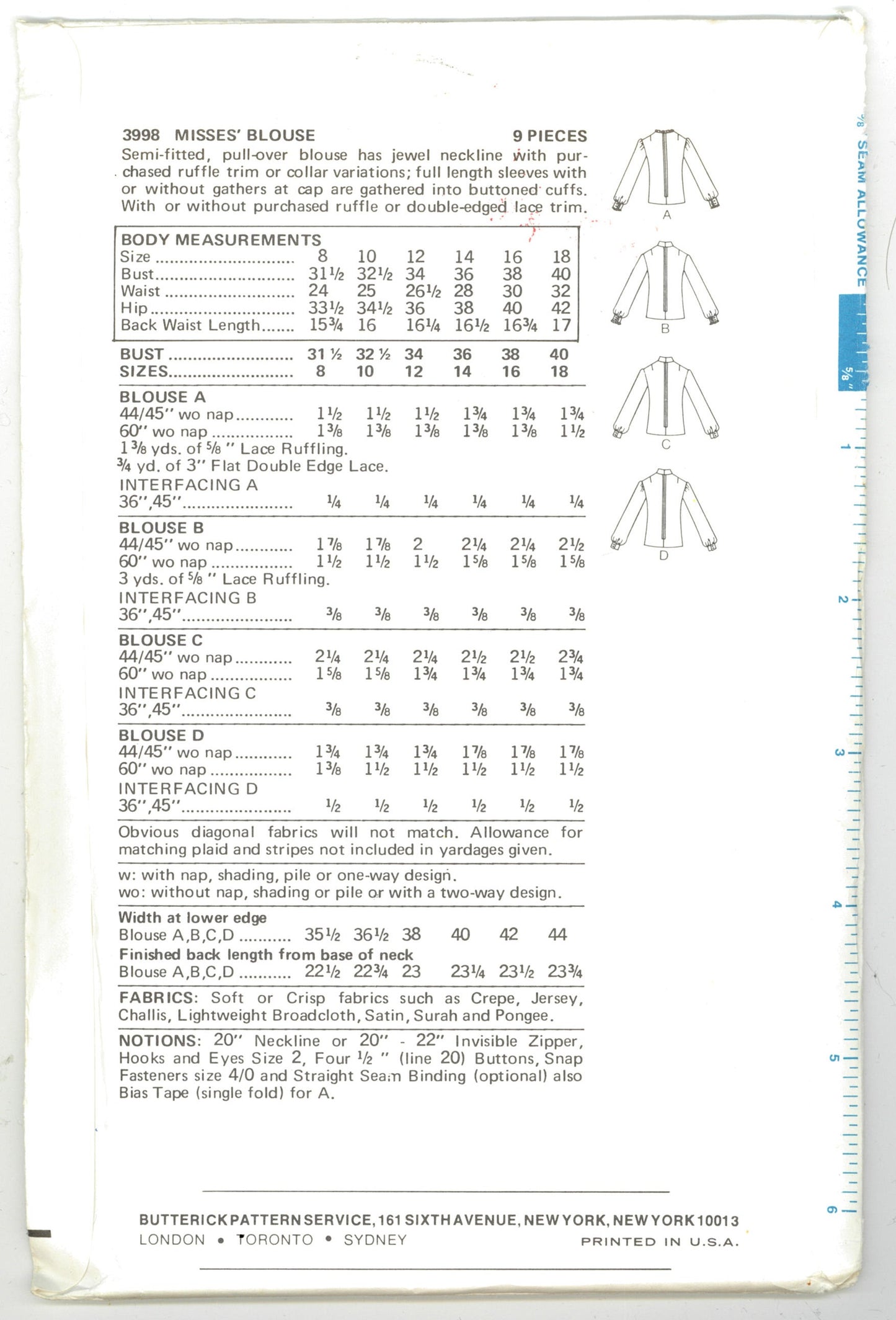 70s Butterick 3998 Misses Blouse  Sewing Pattern UNCUT  Size 8 Size 12 Size 14