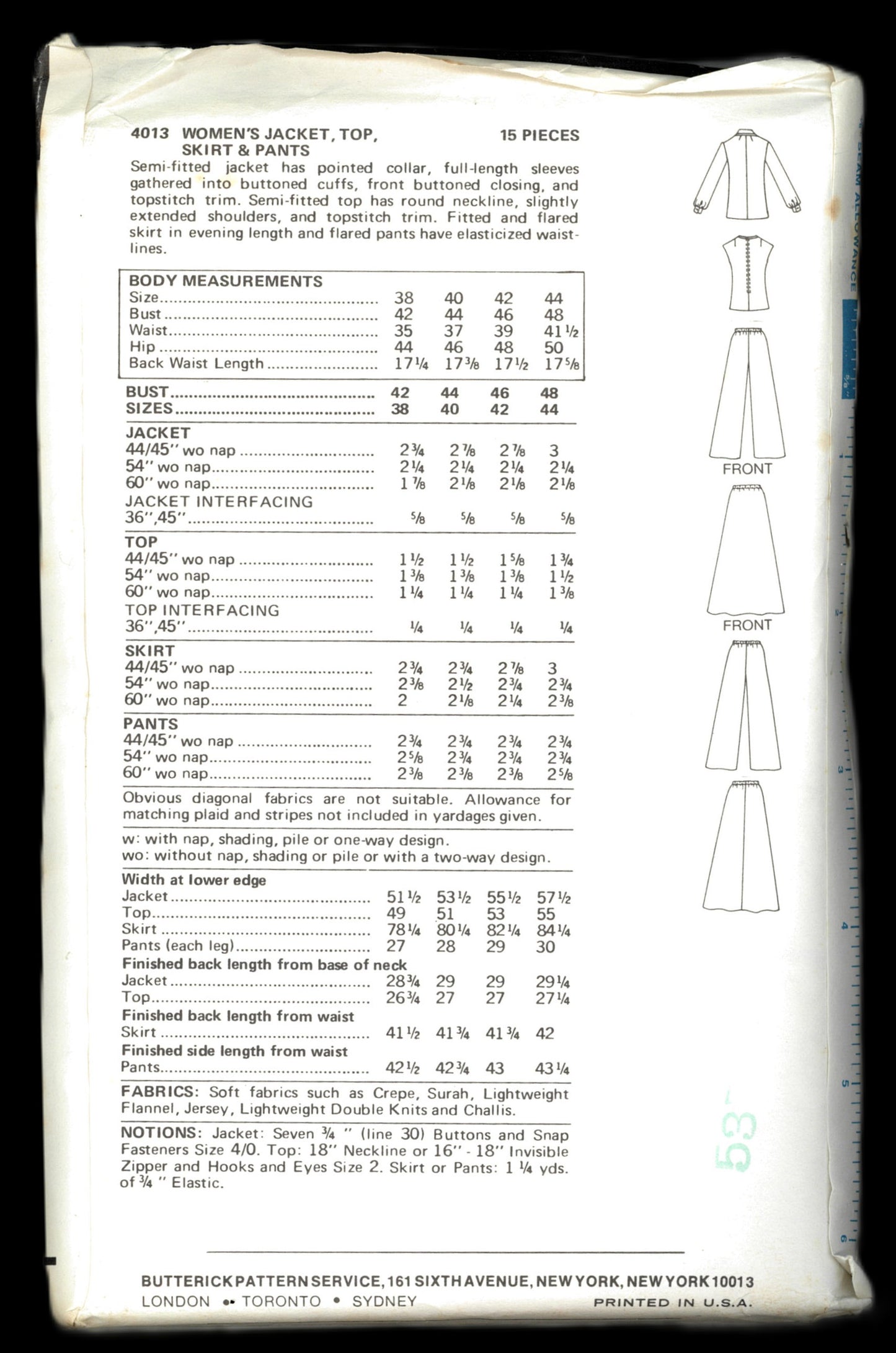 70s Butterick 4013 Womens Jacket Top and Pants Sewing Pattern UNCUT  Size 44