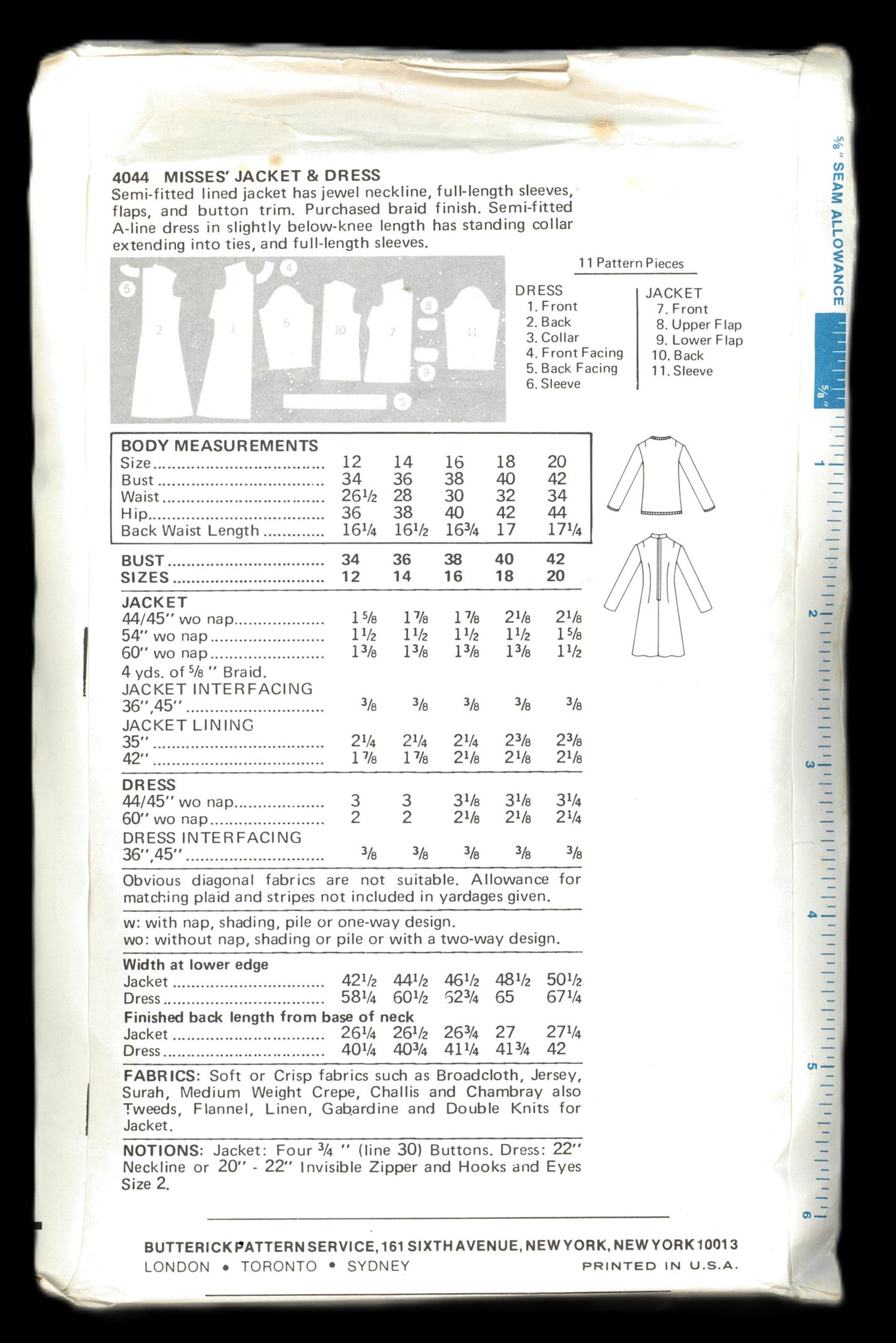70s Butterick 4044 Misses Jacket and Dress Sewing Pattern UNCUT Size 20