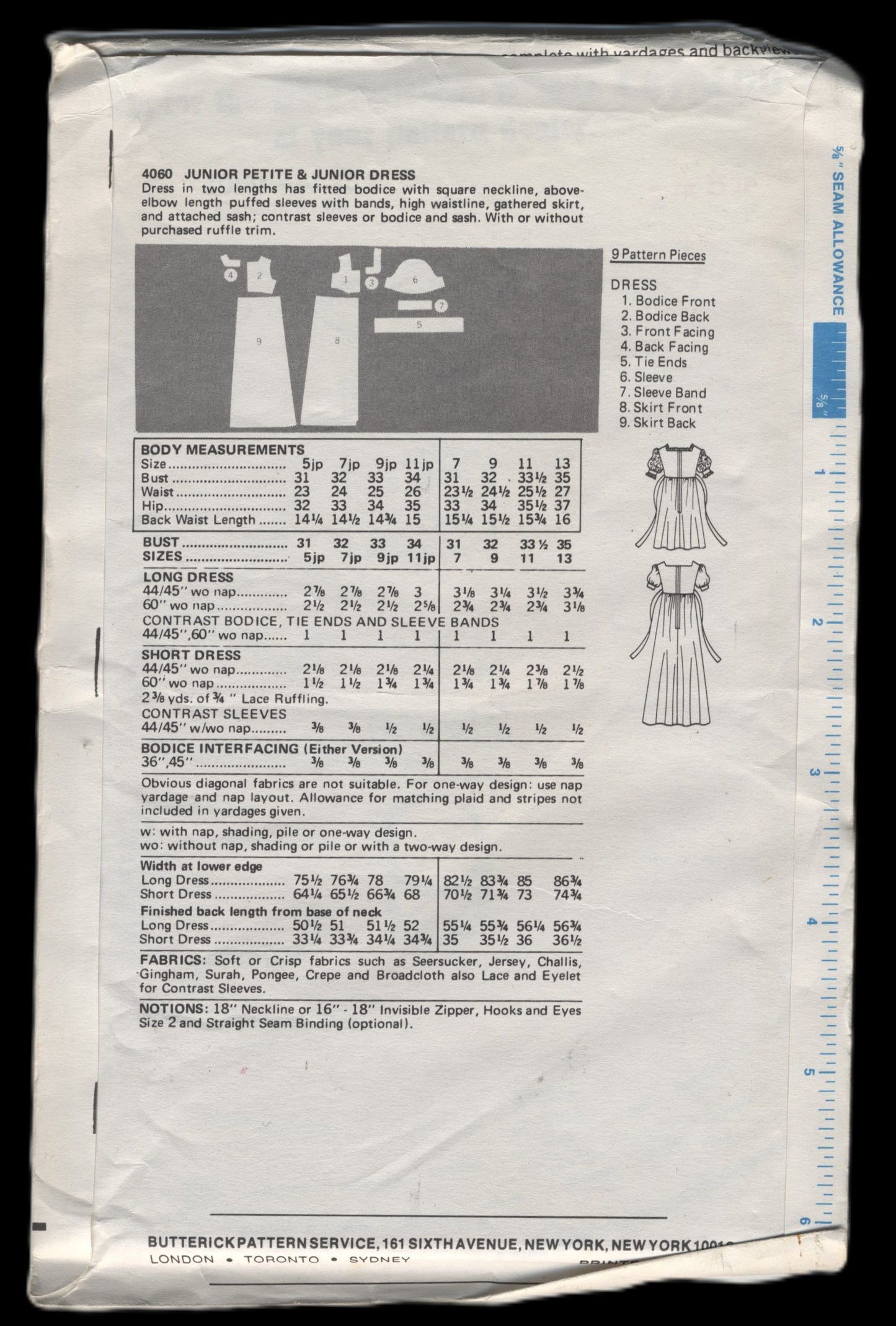 70s Butterick 4060 Junior Petite Dress Sewing Pattern  UNCUT Size 5 JP
