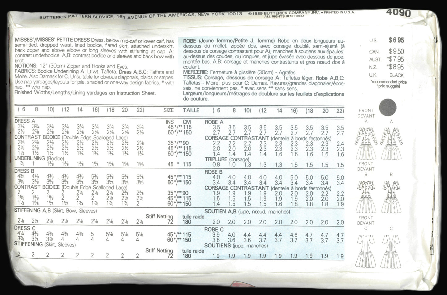 Butterick 4090 Misses / Misses Petite Dress Sewing Pattern UNCUT Size 18 20 22