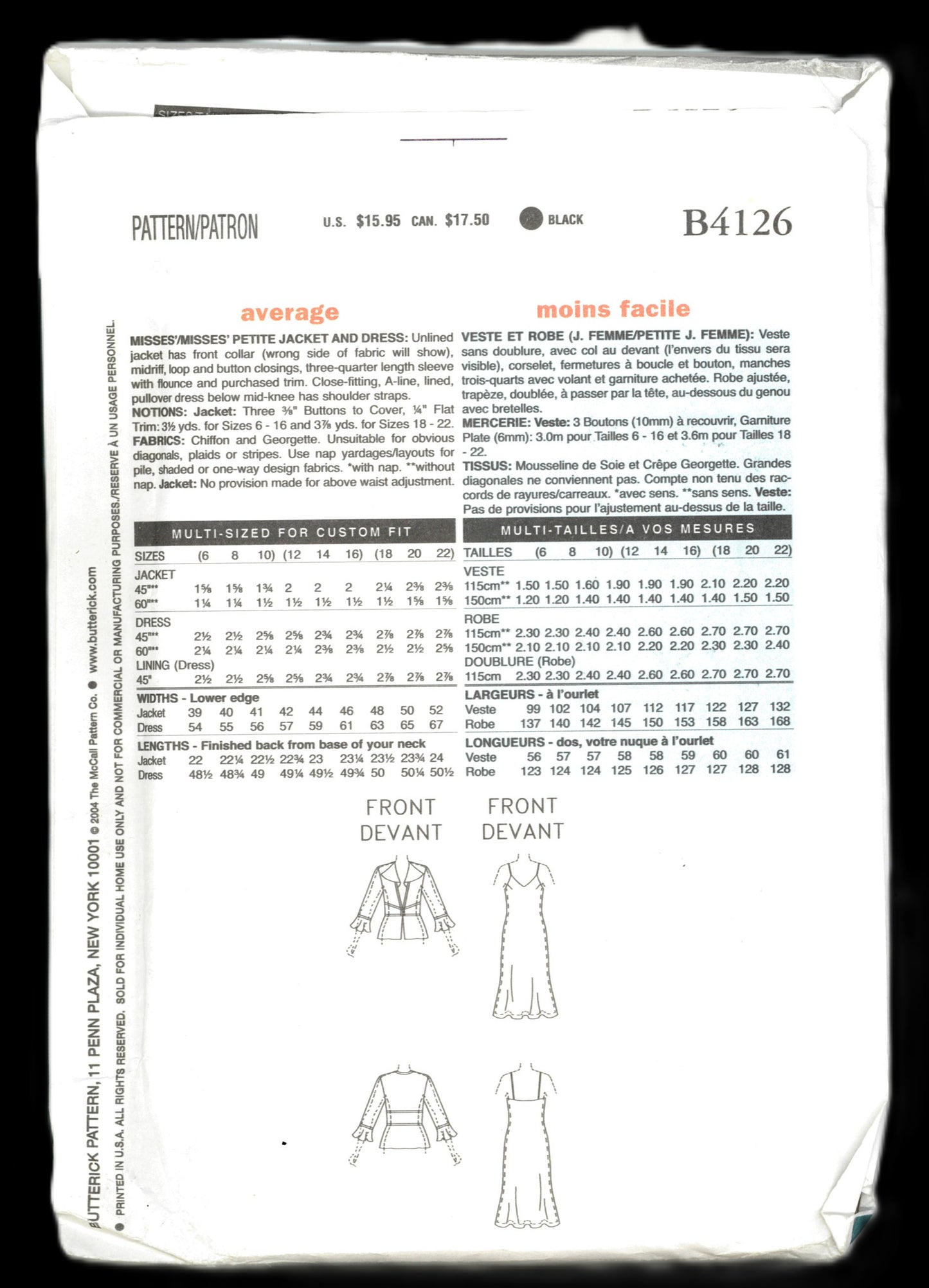Butterick 4126 David Warren Misses Petite Jacket and Dress Sewing Pattern UNCUT Size 12 14 16