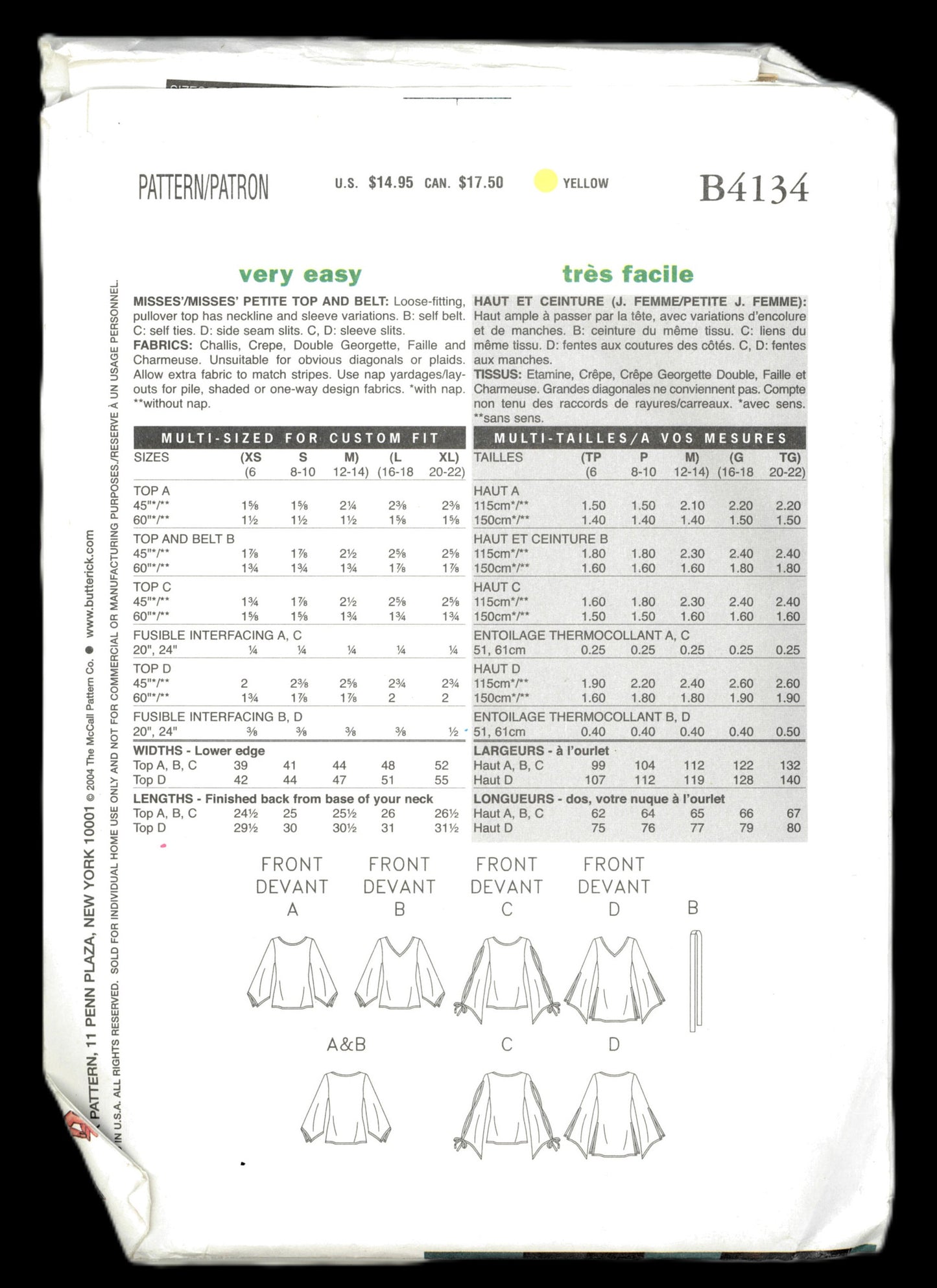 Butterick 4134  Misses / Misses Petite Top and Belt Sewing Pattern UNCUT  Size XS S M