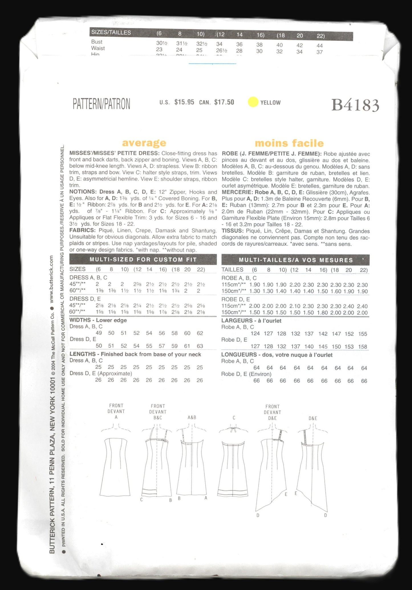Butterick 4183 Misses / Misses Petite Dress Sewing Pattern UNCUT - Size 6 8 10