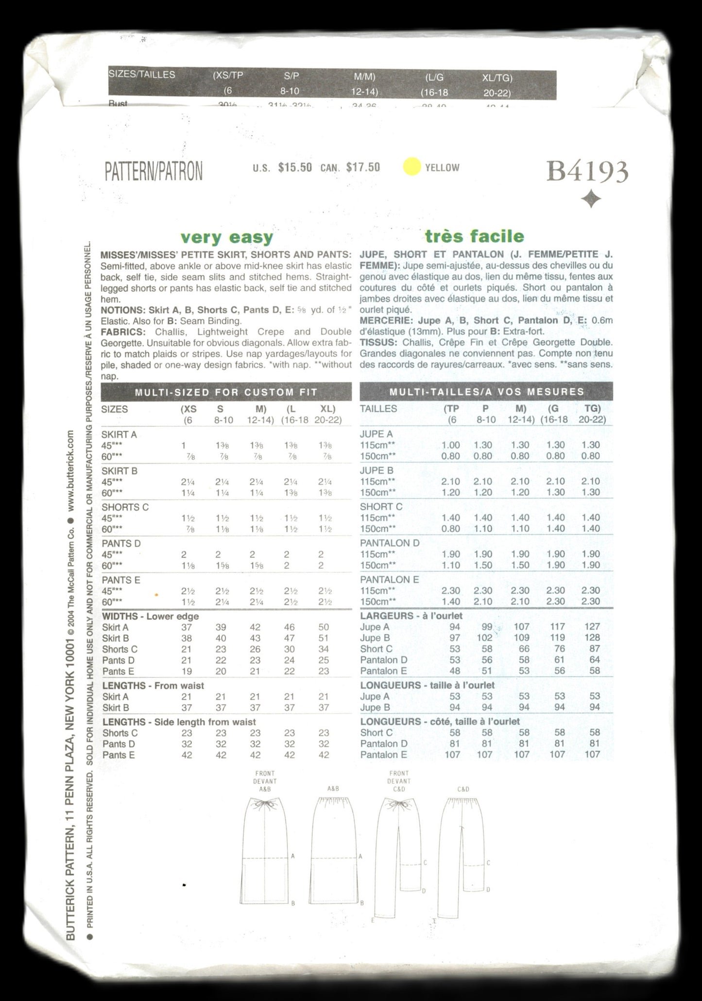 Butterick 4193 Misses / Misses Petite Skirt Shorts and Pants Sewing Pattern - UNCUT - Size XS S M