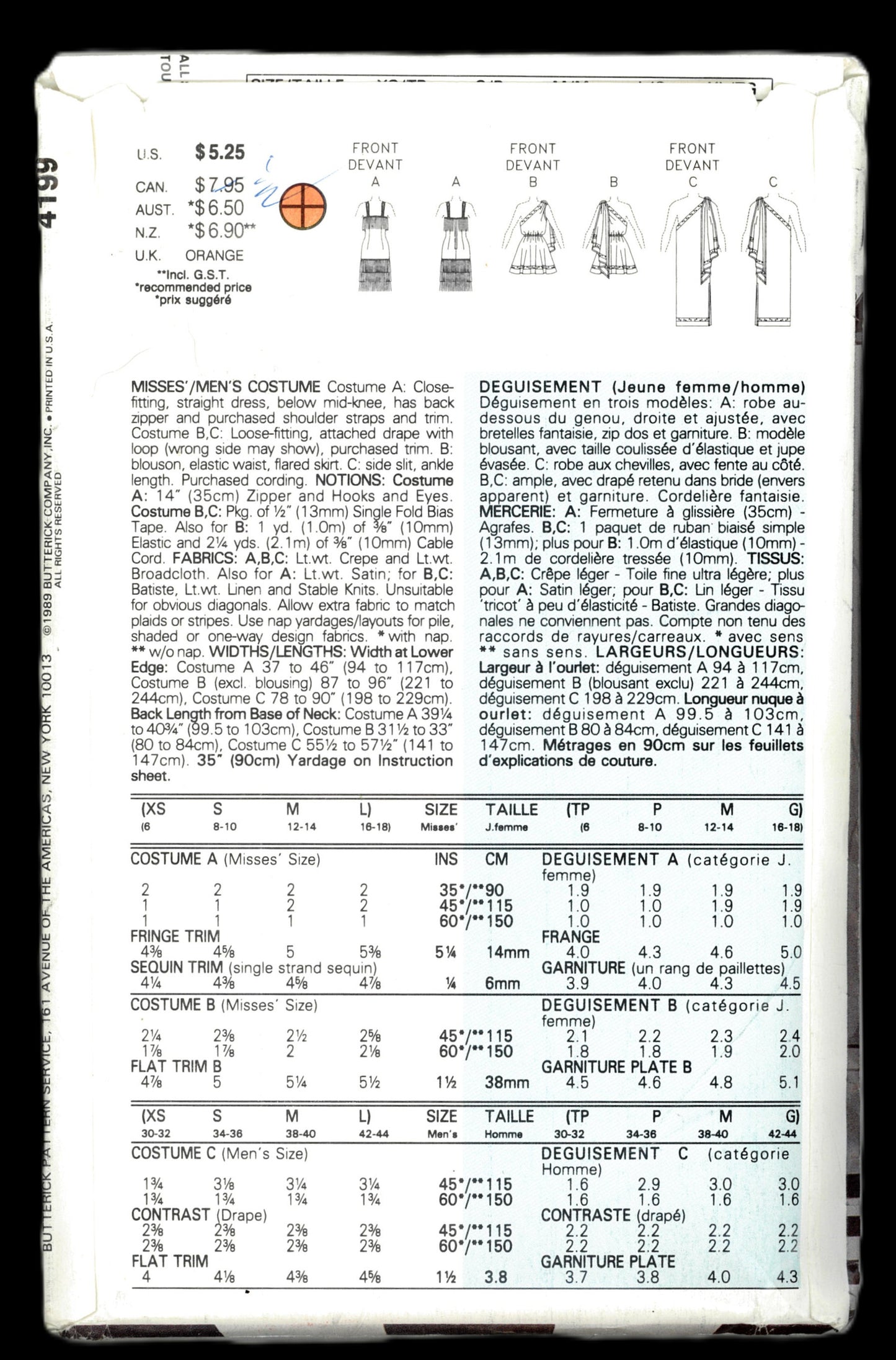 Butterick 4199  Misses  / Mens Roman / Greek Toga and Flapper Dress Costume Sewing Pattern UNCUT  - Size XS S M L