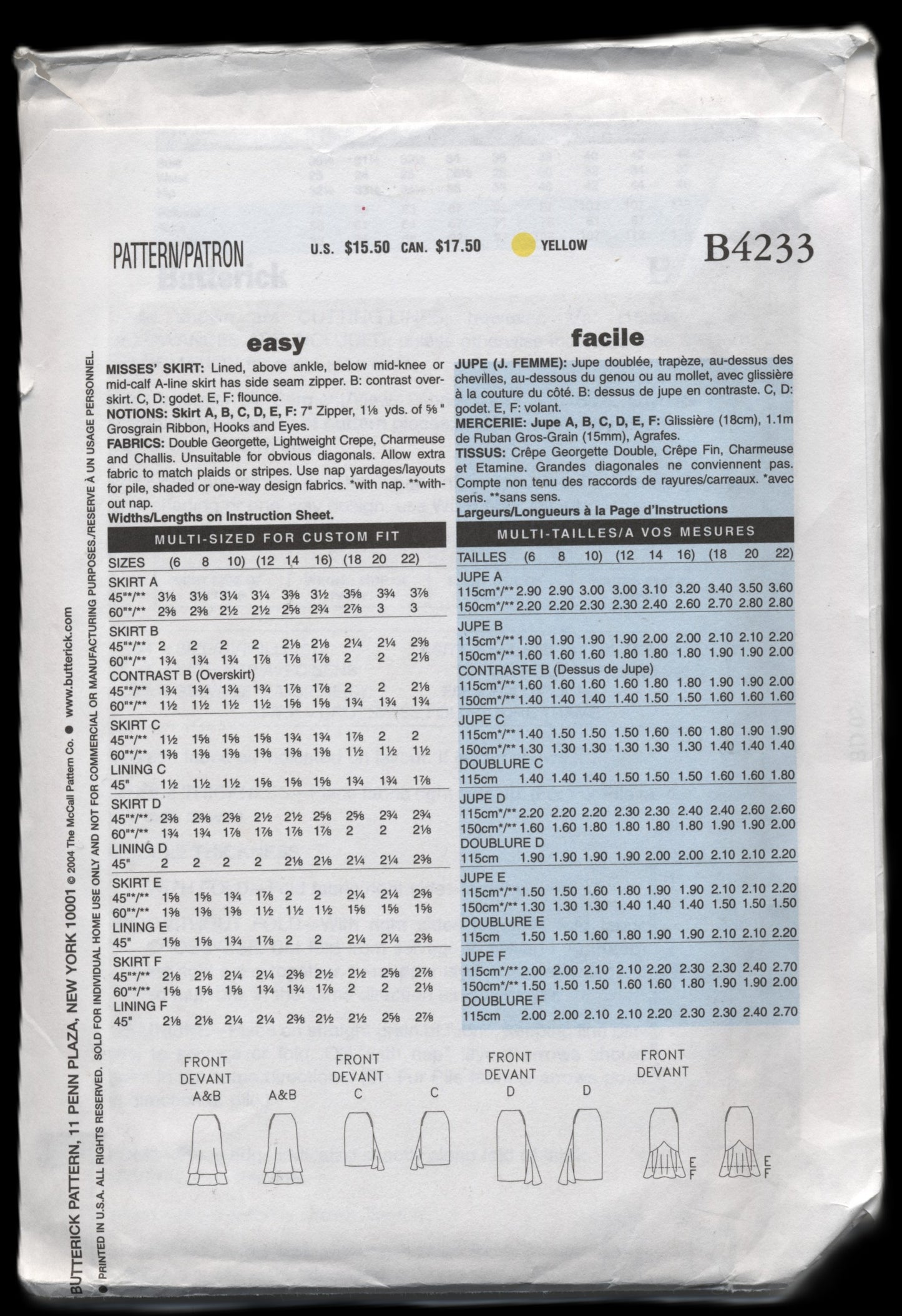 Butterick 4233 Misses Skirt Sewing Pattern - UNCUT - Size 12 14 16