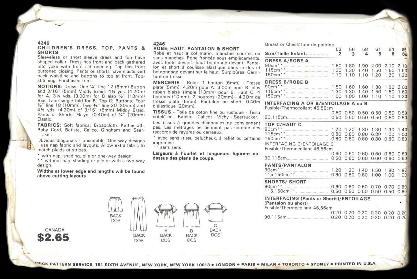 Butterick 4246 Childrens Sailor Collar Dress Top Pants and Shorts Sewing Pattern - UNCUT Size 2