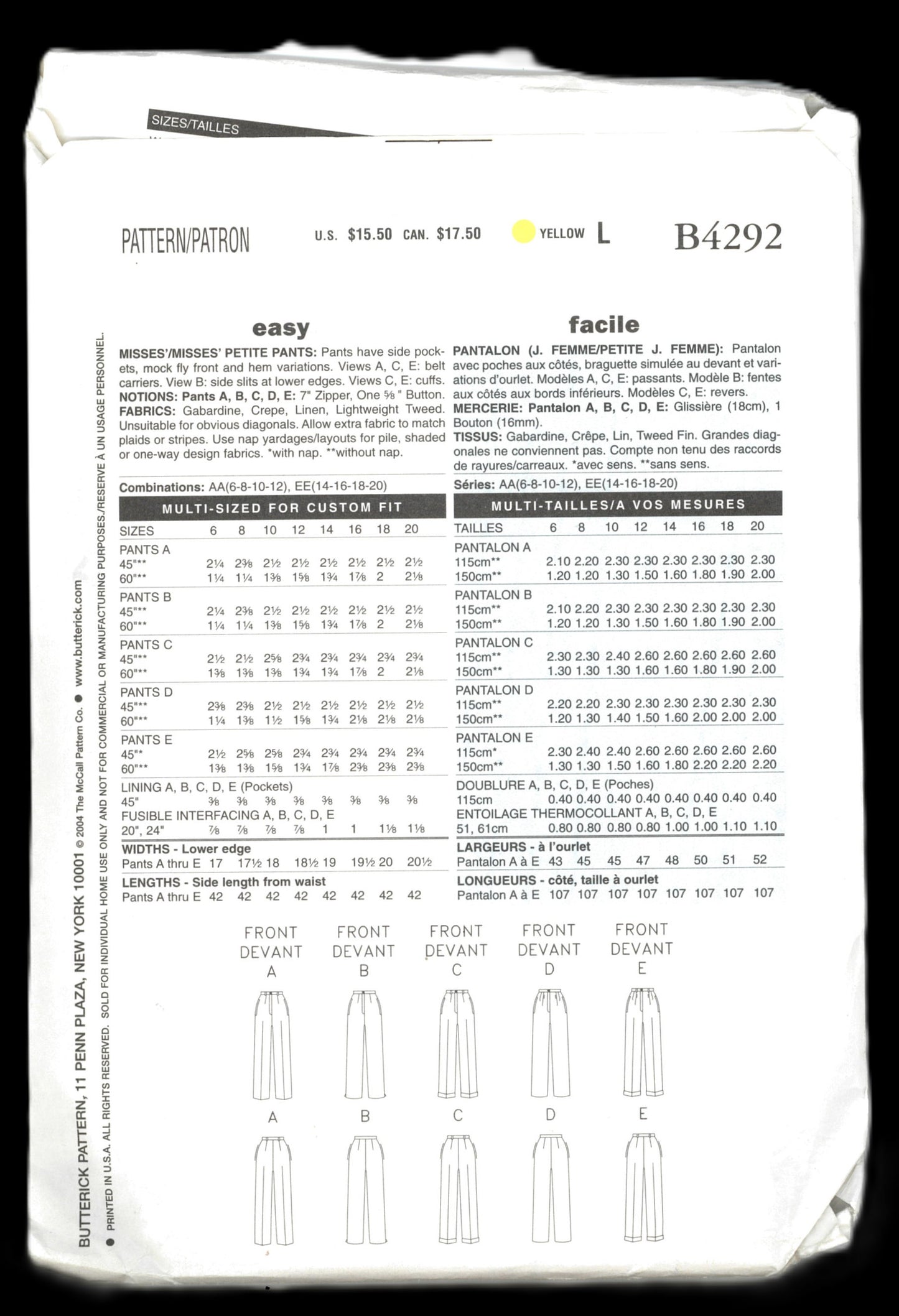 Butterick 4292 Misses Pants Sewing Pattern UNCUT Size 6 8 10 12