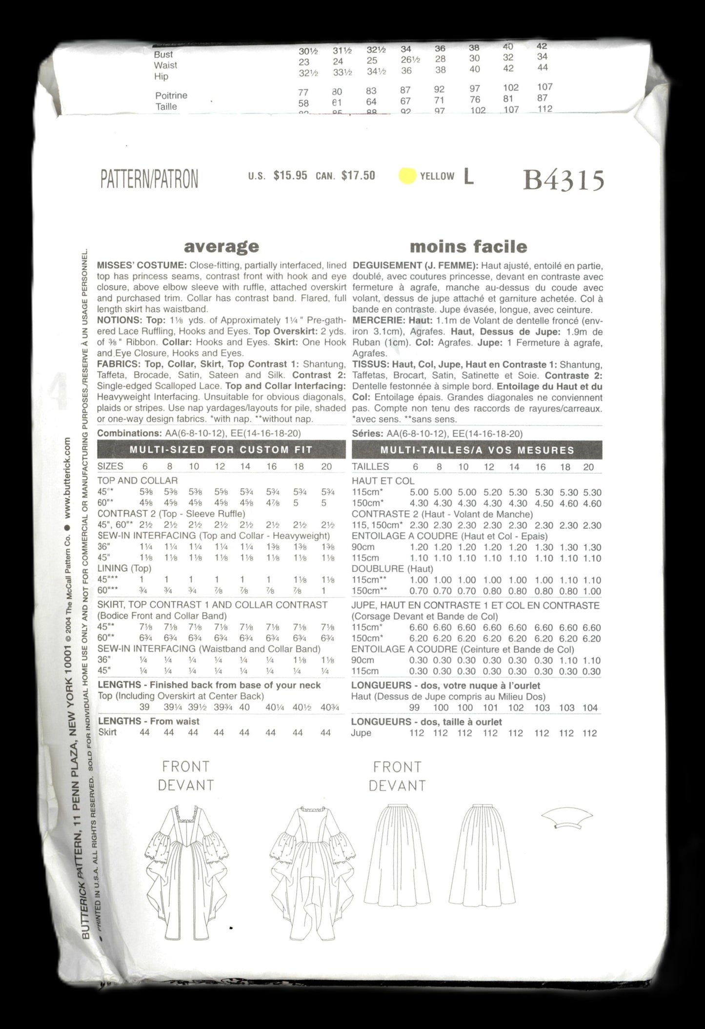Butterick 4315 French 18th Century Marie Antionette Misses Gown Costume Sewing Pattern UNCUT  Size 6 8 10 12