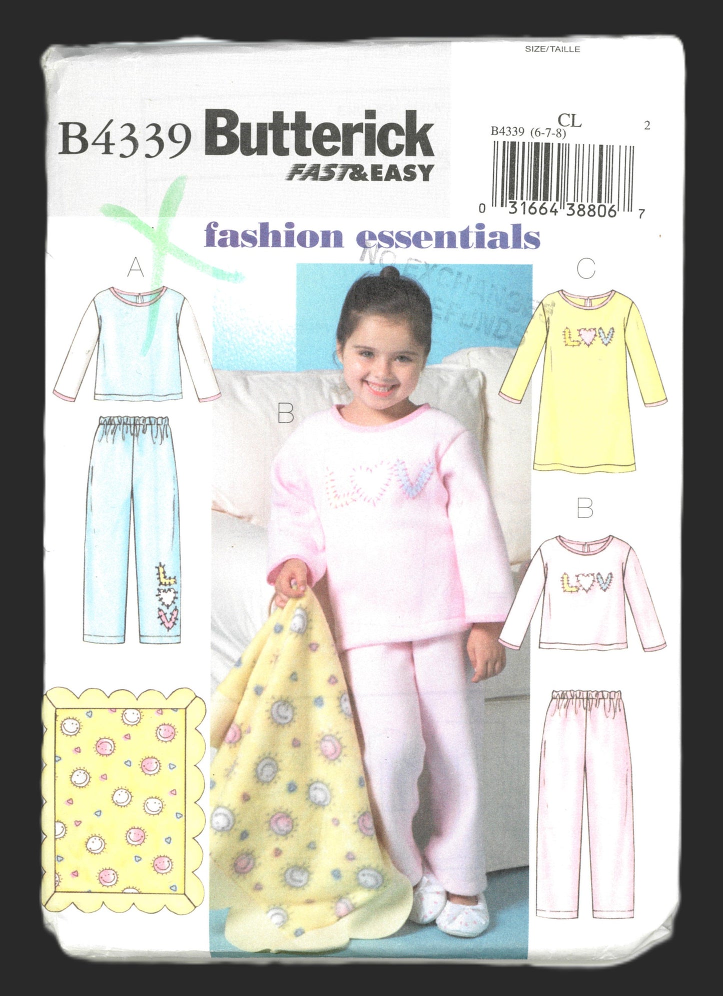 Butterick 4339 Childrens / Girls Top, Gown, Pants and Blanket Sewing Pattern - UNCUT Size 6 7 8
