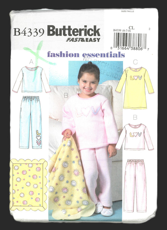 Butterick 4339 Childrens / Girls Top, Gown, Pants and Blanket Sewing Pattern - UNCUT Size 6 7 8