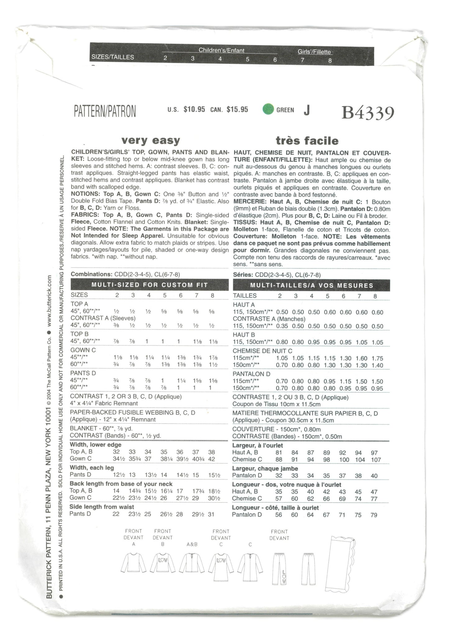 Butterick 4339 Childrens / Girls Top, Gown, Pants and Blanket Sewing Pattern - UNCUT Size 6 7 8