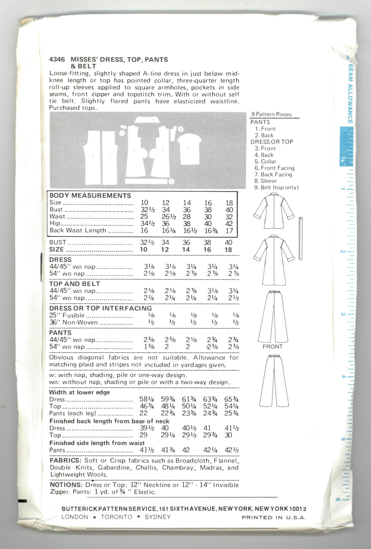 70s Butterick 4346 Misses Dress Top Pants and Belt Sewing Pattern UNCUT  Size 14 or Size 16