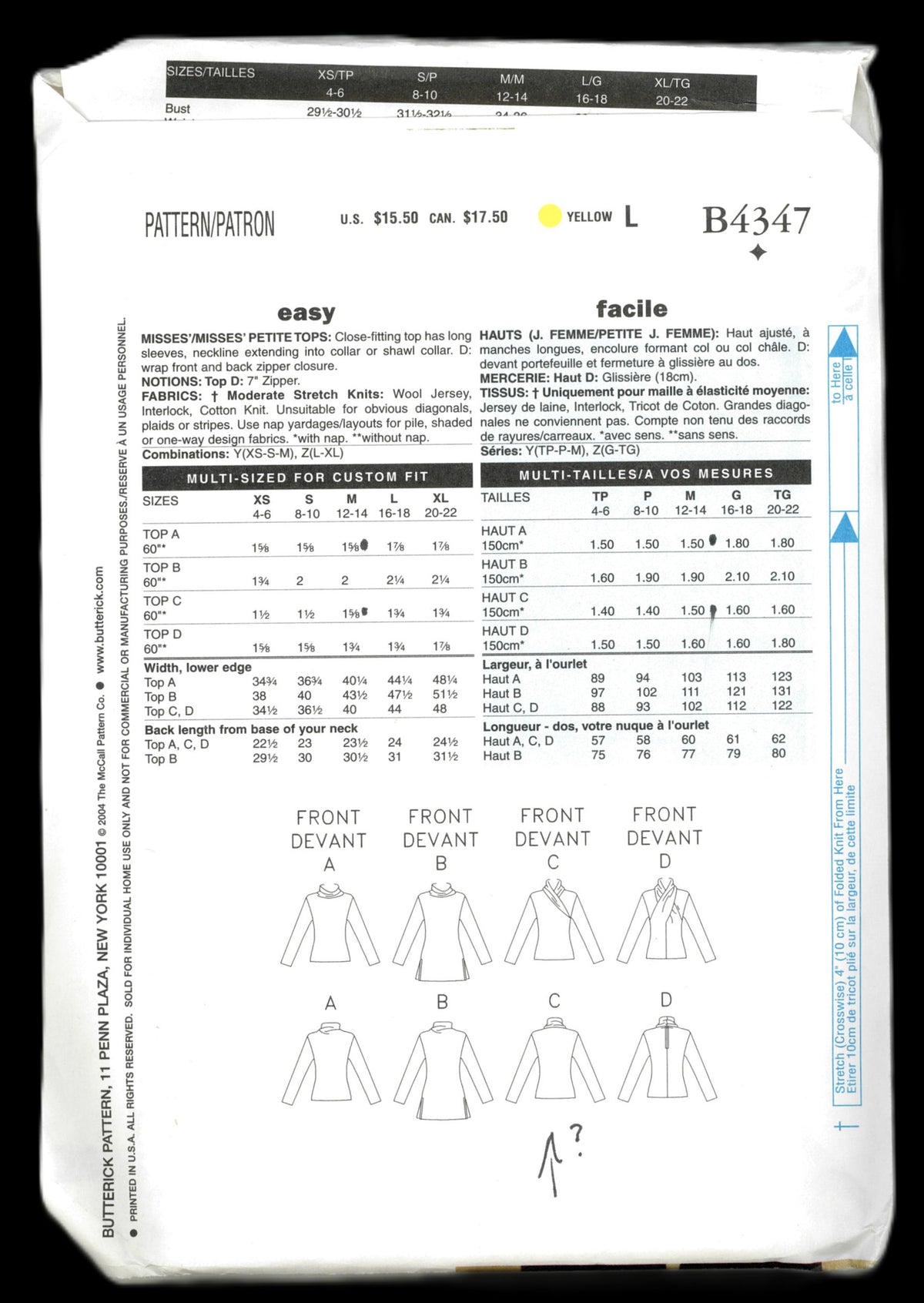 Butterick 4347 Misses / Misses Petite Tops Sewing Pattern UNCUT Size Xsm Sml Med
