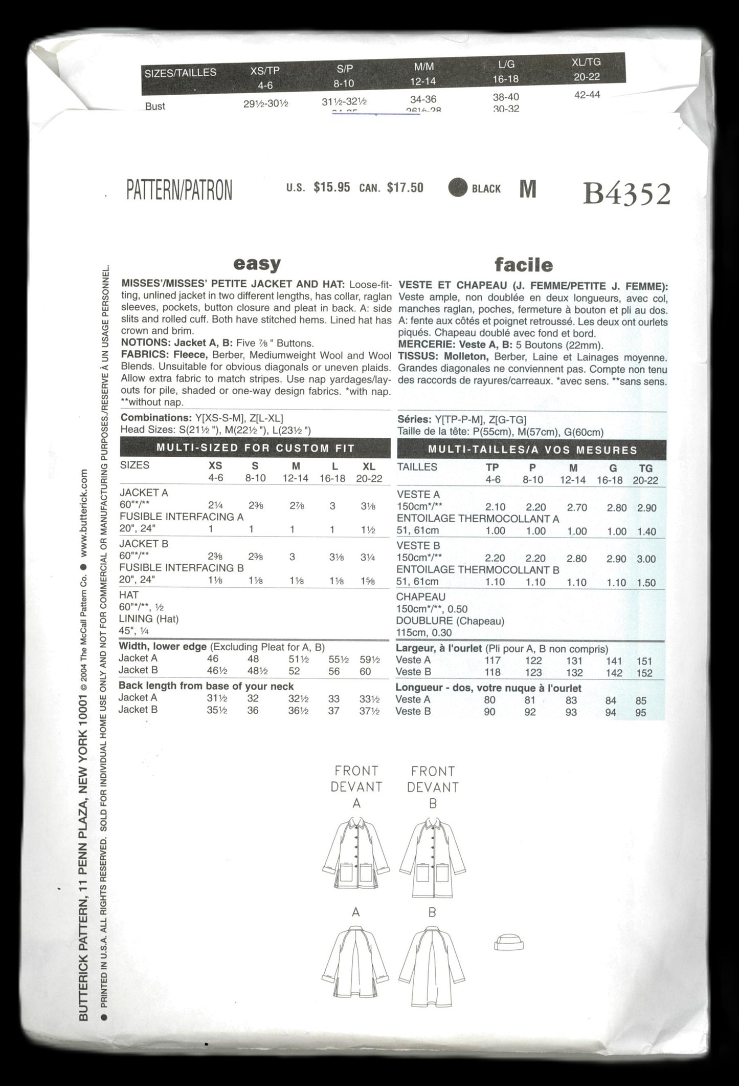 Butterick 4352 Misses / Misses Petite Jacket Sewing Pattern UNCUT  Size Lrg - Xxl