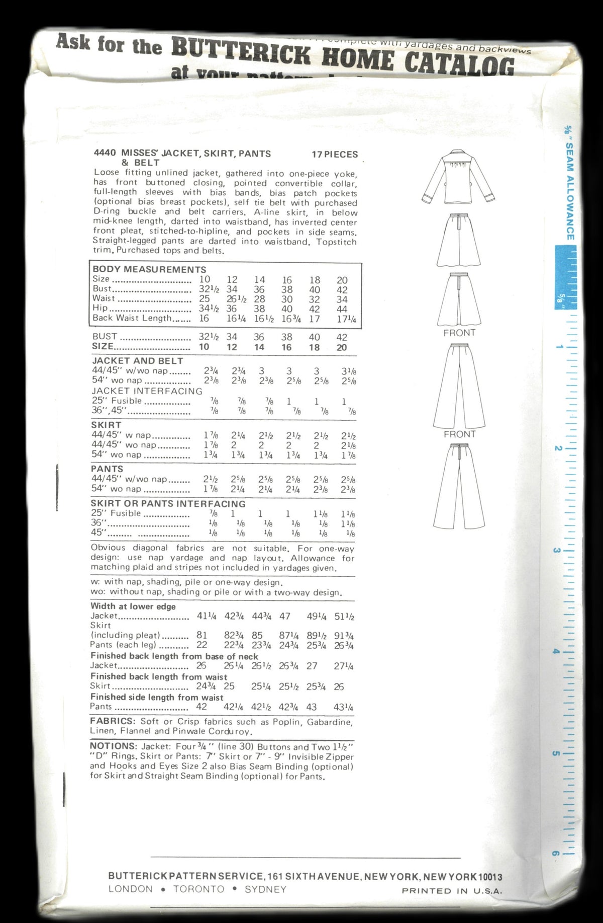 70s Butterick 4440 Misses Jacket Skirt Pants and Belt Sewing Pattern UNCUT Size 10 or Size 12 or Size 14 or Size 16 or Size 18 or Size 20
