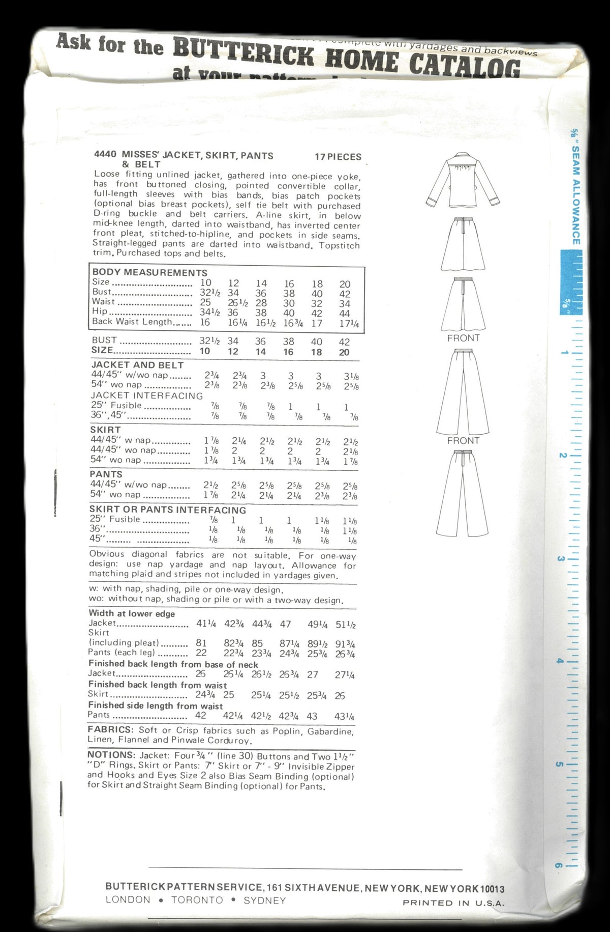 70s Butterick 4440 Misses Jacket Skirt Pants and Belt Sewing Pattern UNCUT Size 10 or Size 12 or Size 14 or Size 16 or Size 18 or Size 20