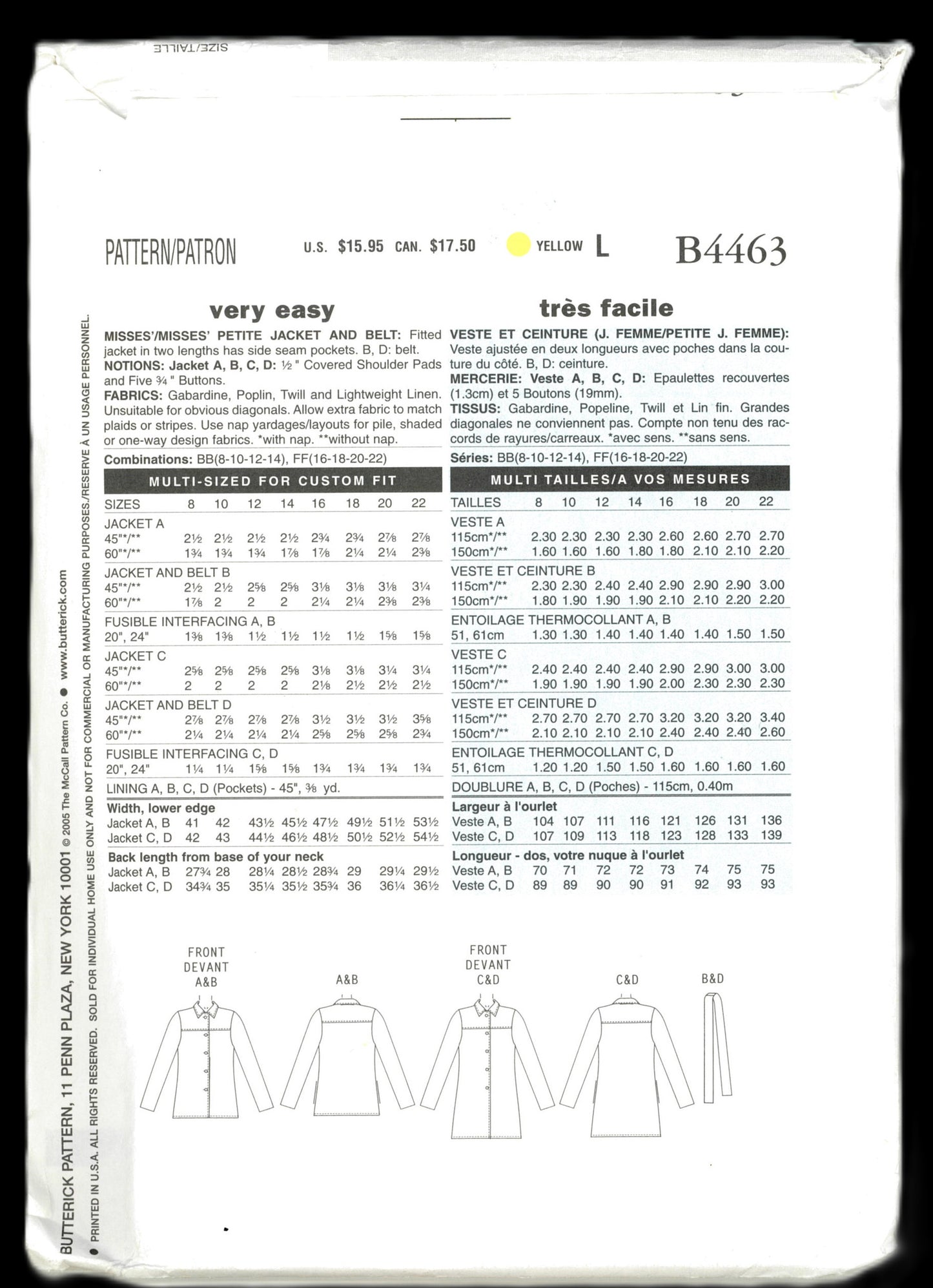 Butterick 4463 Misses / Misses Petite Jacket and Belt Sewing Pattern - UNCUT - Size 16 18 20 22