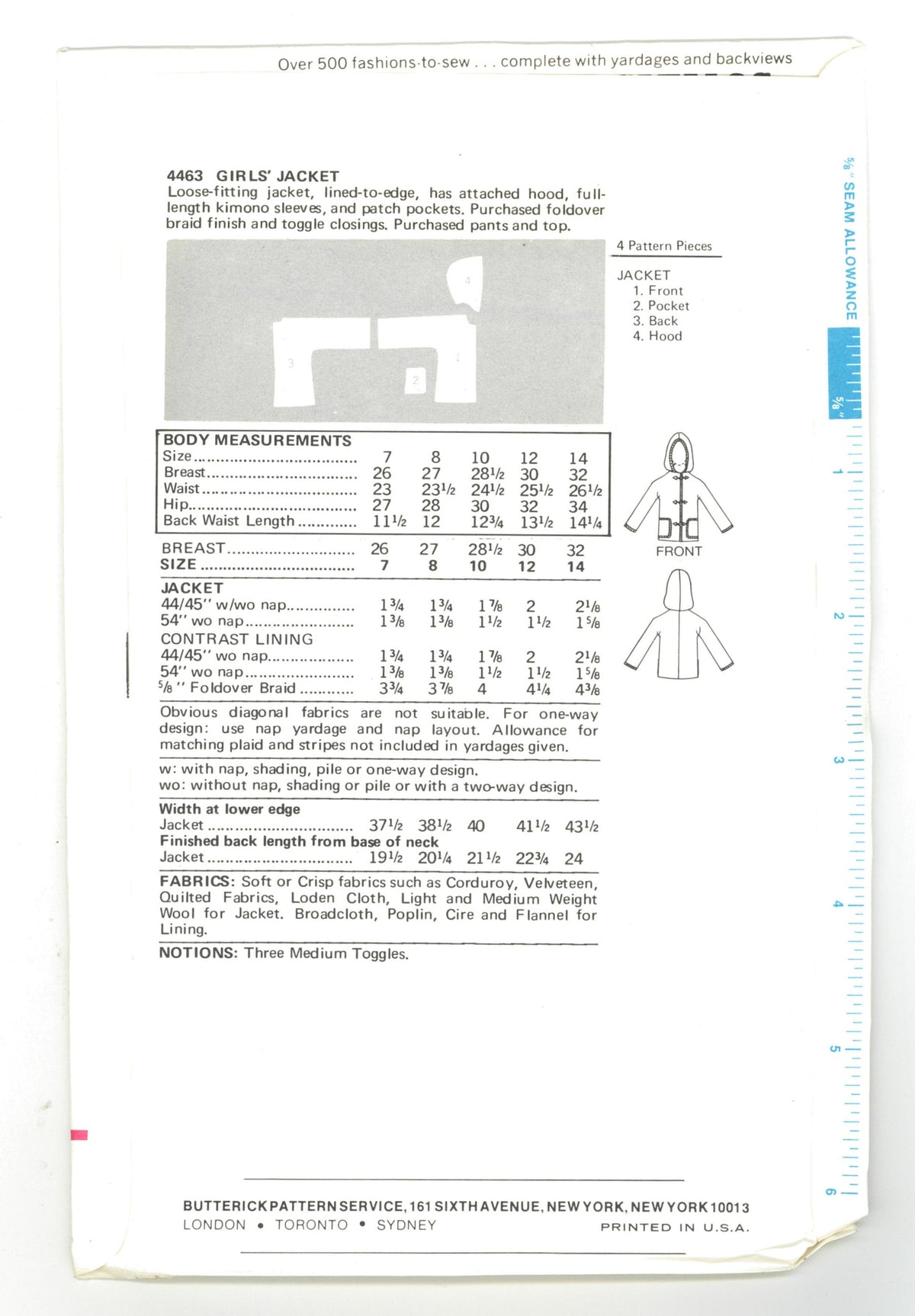 70s Butterick 4463 Girls Jacket Sewing Pattern - UNCUT Size 7 or Size 8 or Size 10 or Size 12 or Size 14
