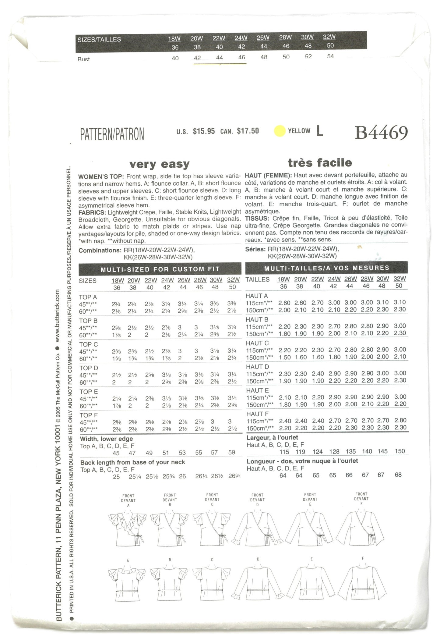 Butterick 4469 Womens Top Sewing Pattern UNCUT  Size 18w 20w 22w 24w