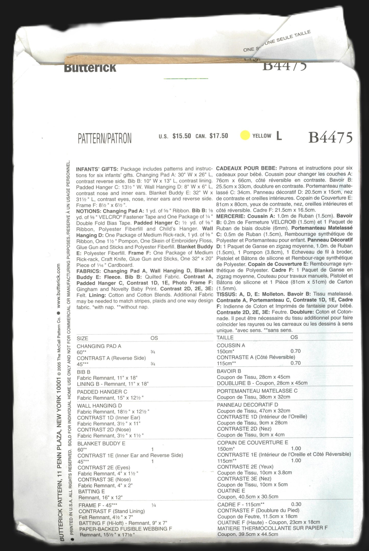 Butterick 4475 Infants Gifts Sewing Pattern - UNCUT - One Size