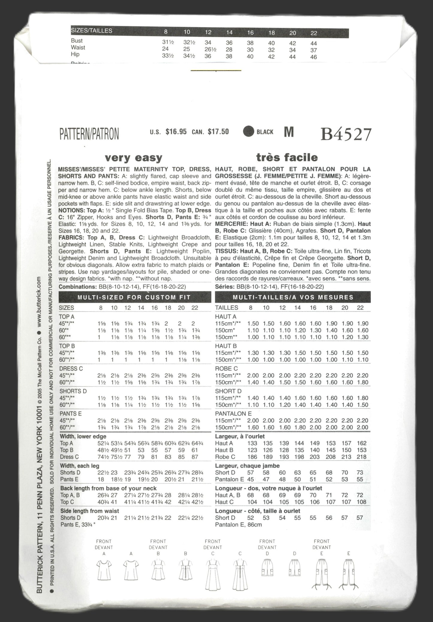 Butterick 4527 Misses / Misses Petite Maternity Top Dress Shorts and Pants Sewing Pattern UNCUT Size 8 10 12 14