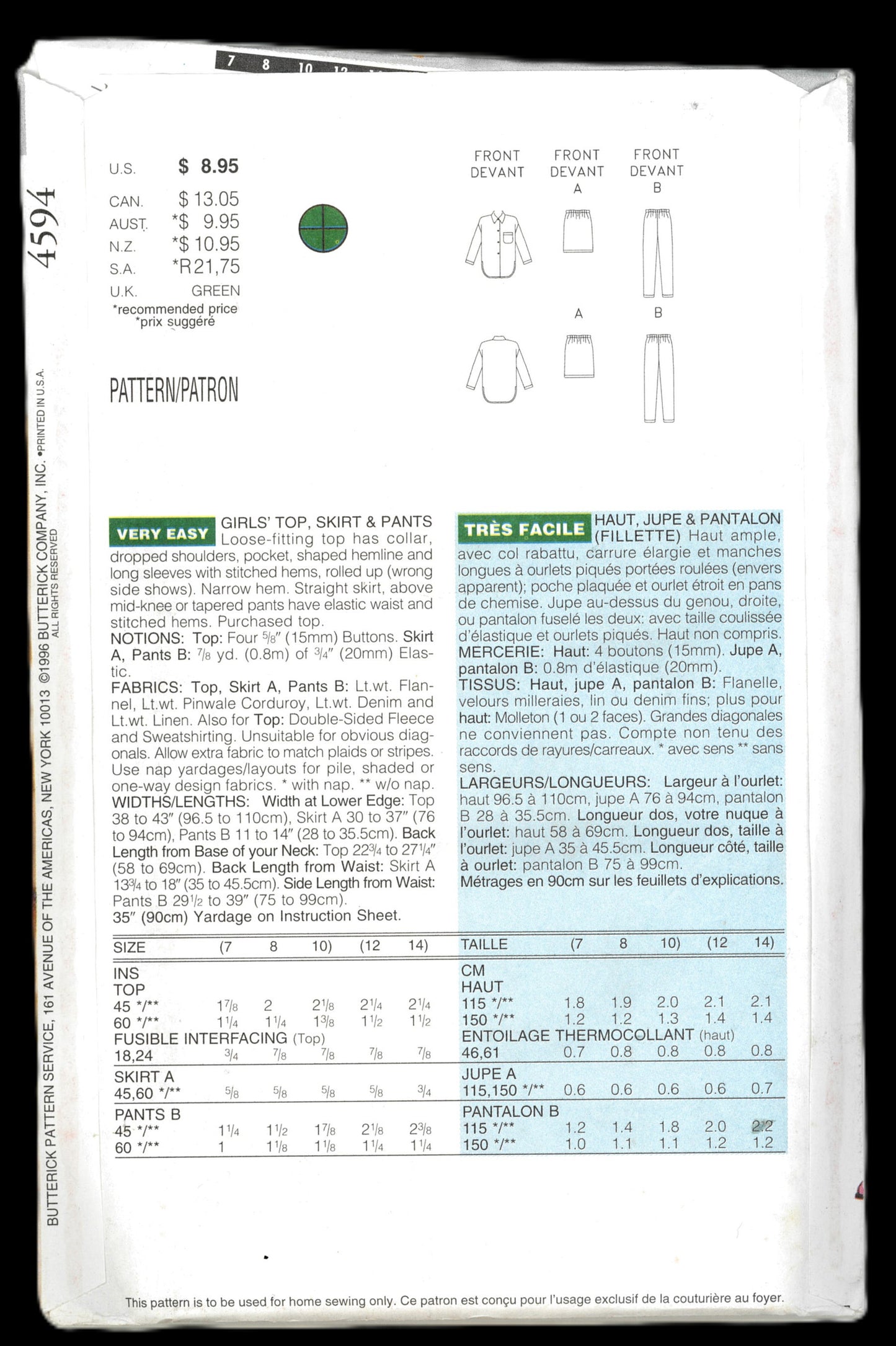 Butterick 4594 Girls Top Skirt and Pants Sewing Pattern UNCUT Size 7 8 10