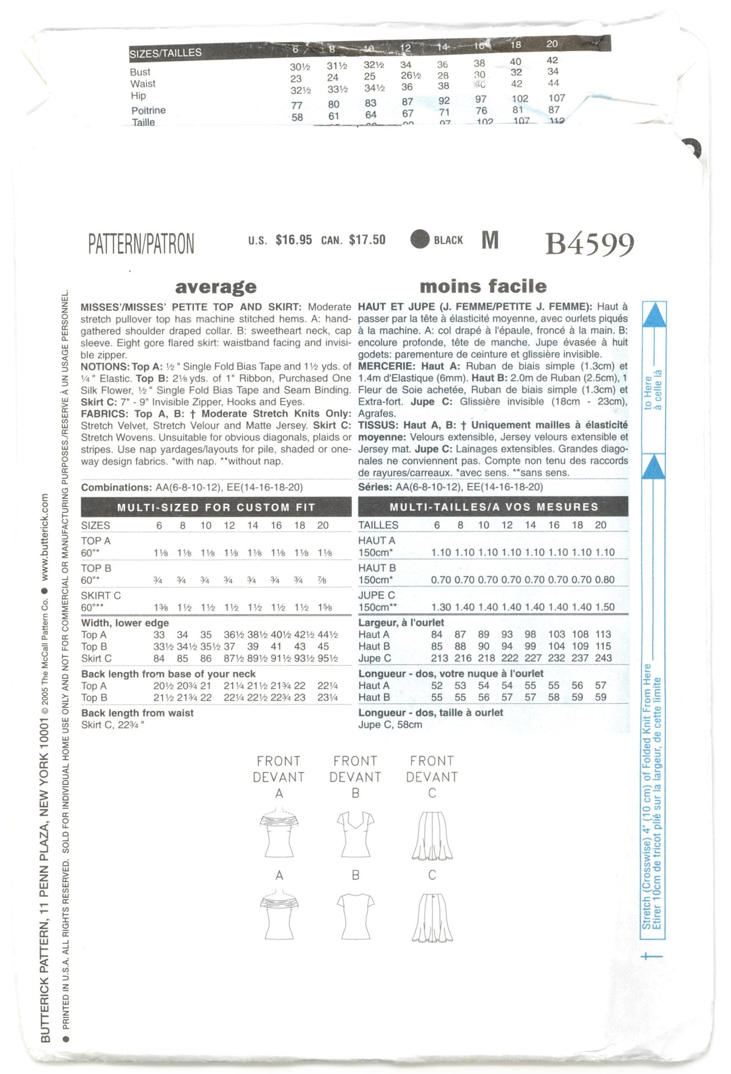 Butterick 4599 Chetta B Misses / Misses Petite Top and Skirt Sewing Pattern UNCUT Size 14 16 18 20