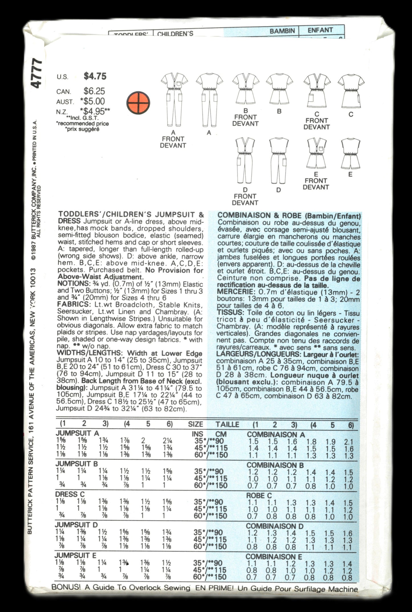 Butterick 4777 Childrens Girls Jumpsuit and Dress Sewing Pattern - UNCUT - Size 4 5 6