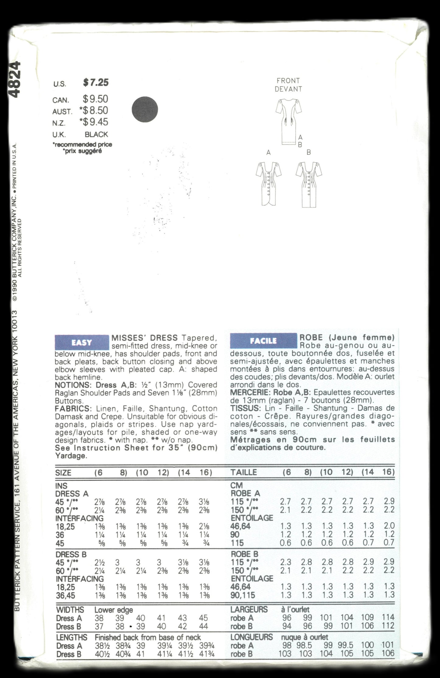 Butterick 4824 Ronnie Heller Misses Dress Sewing Pattern  - UNCUT - Size 6 - 8
