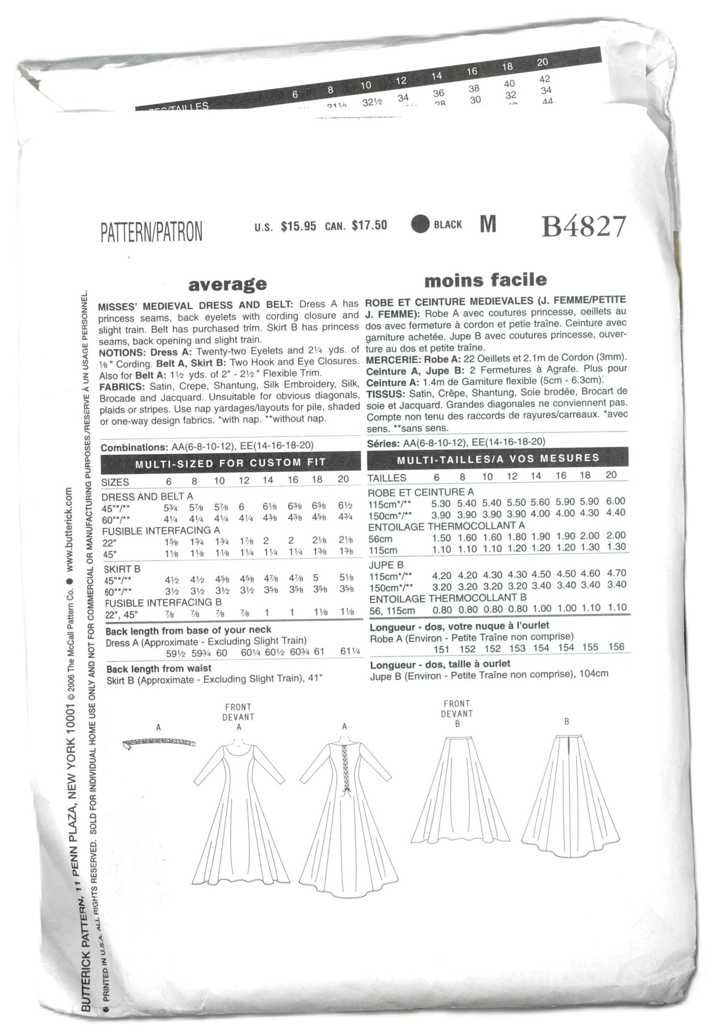 Butterick 4827 Making History Misses Medieval Dress and Belt Sewing Pattern UNCUT  Size 6 8 10 12